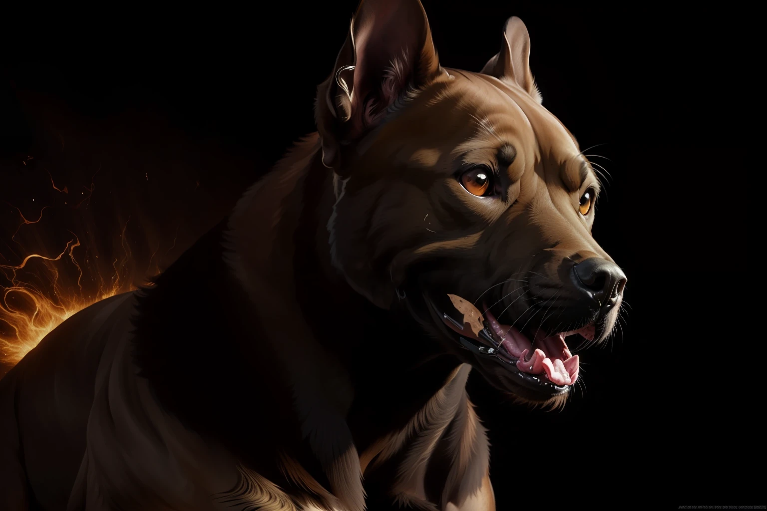 realistic photography, ((masterpiece)), ((magnificent artwork)), ((masterpiece)), ((a ferocious barking pitbull)), his fur is black and ruffled, his eyes are focused and vibrant, his fur and muzzle are highly detailed, black background with soft flame sparks, Adobe Illustration, Trending on Artstation, octane render, realistic cinematic artwork, late sunset, sun's rays reflected off pitbull's fur, luminosity by REMBRANDT, art by Sabbas Apterus , Charlie Bowater, -