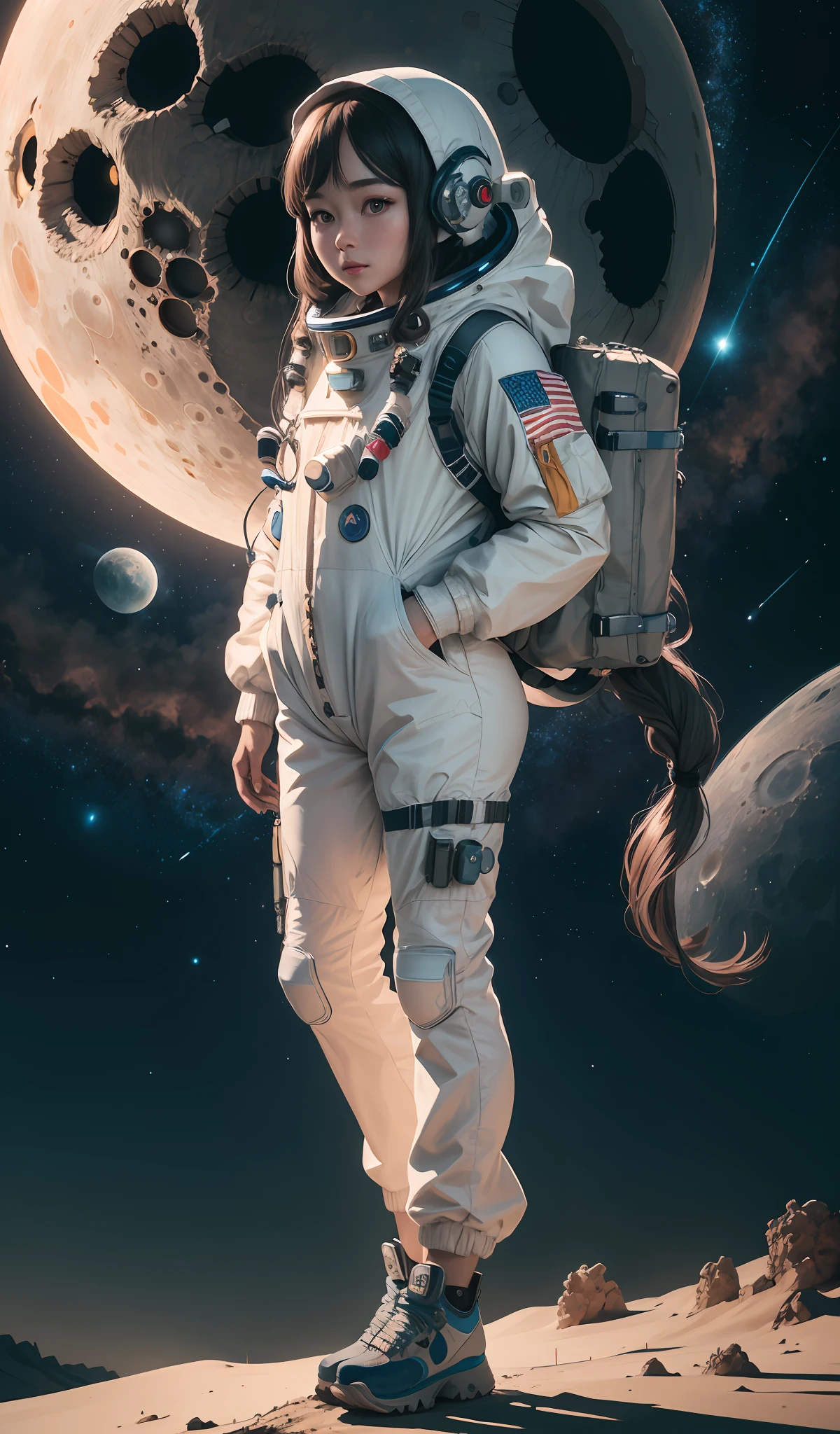 4k, realistic, very detail, there is a girl in the moon, she is an astronout, galaxy theme, soft clothes, long hair, wearing astronout pants, 25 years old, full body, wearing astronout shoes