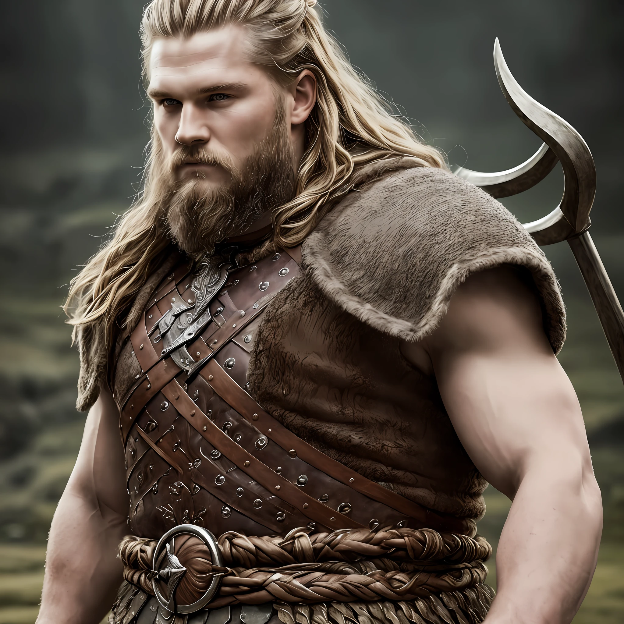 (Masterpiece) Create a Hyper realistic photography, medium full shot portrait and a captivating image of a strong and good-looking Viking young man, embodying the essence of the Viking heritage and resilience. Wonderful, elegant, approaching perfection, dynamic, highly detailed, character sheet, artstation, smooth, Handsome, facing directly at the viewer, stunningly handsome realistic man.