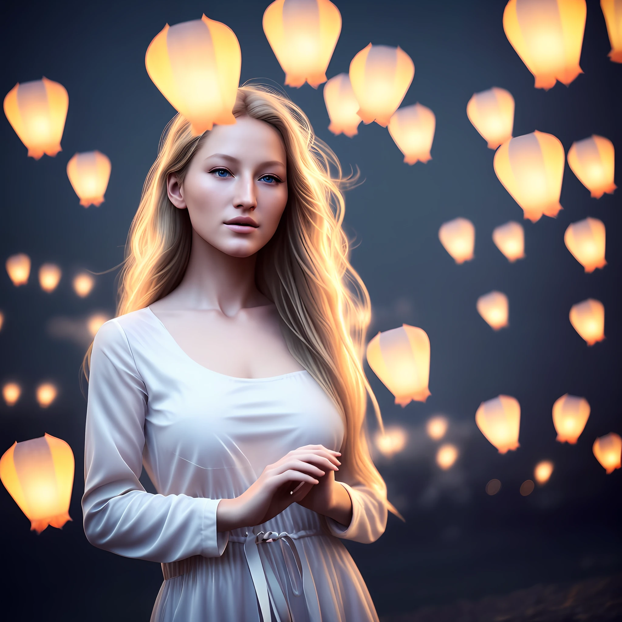 An ultra detailed realistic artistic photography, sticker of [gorgeous twenty-five-year-old female model: Gisele Bundchen: 0.60], with light blond wild hair, light blue stormy eyes, detailed gorgeous face, casual clothes, fantasy concept art, accuracy, amazing, wonder, finely, super, exquisitely, 8k resolution photorealistic masterpiece, epic, production cinematic character render, ultra high quality model, brush strokes, smooth, Gorgeous young girl holding glowing flying paper lanterns, unreal engine, 85 mm, intimate, lantern festival, flying lanterns, crowded, families, wonder, amazement, cinematic, evening, --no back view, empty, stock photo --ar 3:2