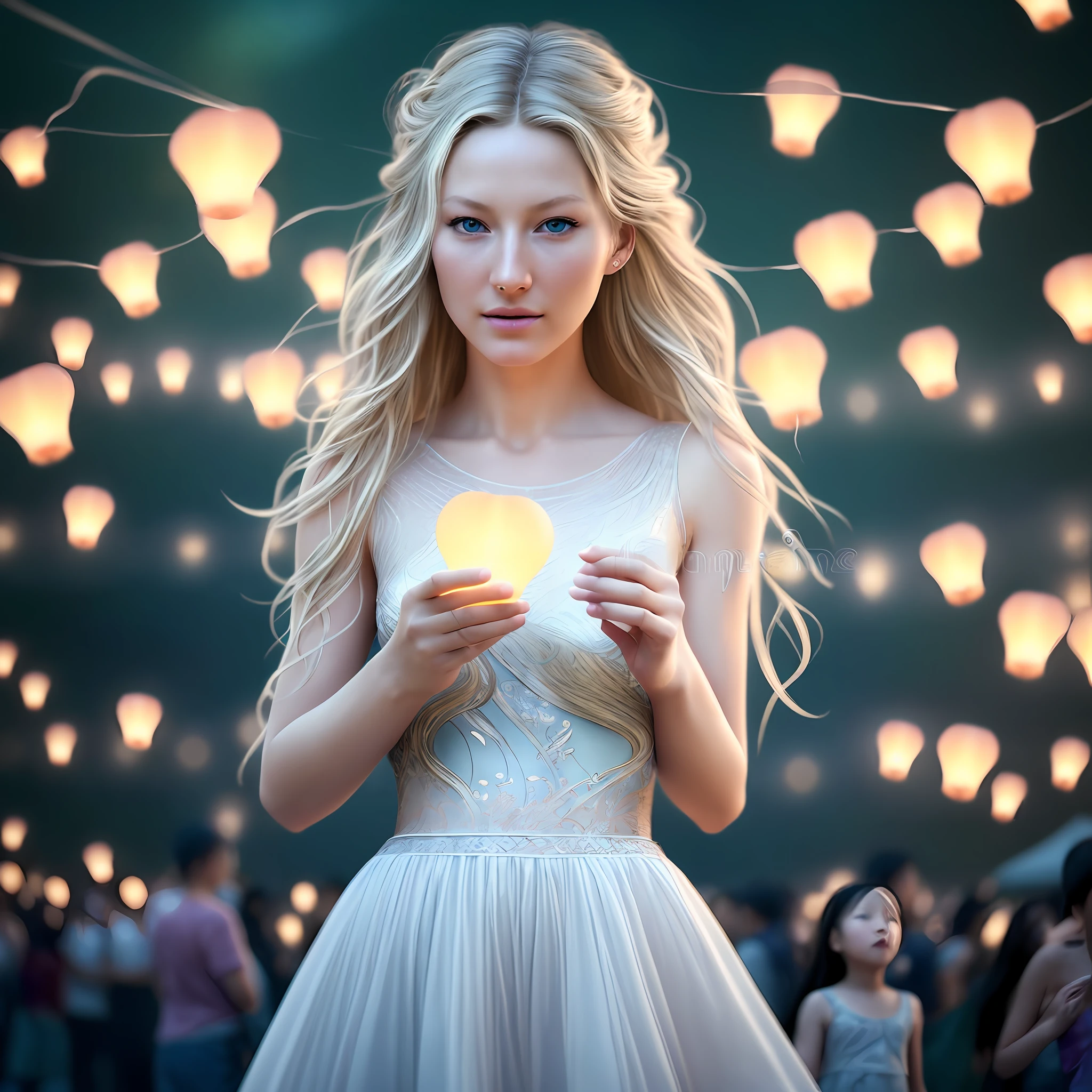 An ultra detailed realistic artistic photography, sticker of [gorgeous twenty-five-year-old female model: Gisele Bundchen: 0.60], with light blond wild hair, light blue stormy eyes, detailed gorgeous face, casual clothes, fantasy concept art, accuracy, amazing, wonder, finely, super, exquisitely, 8k resolution photorealistic masterpiece, epic, production cinematic character render, ultra high quality model, brush strokes, smooth, Gorgeous young girl holding glowing flying paper lanterns, unreal engine, 85 mm, intimate, lantern festival, flying lanterns, crowded, families, wonder, amazement, cinematic, evening, --no back view, empty, stock photo --ar 3:2