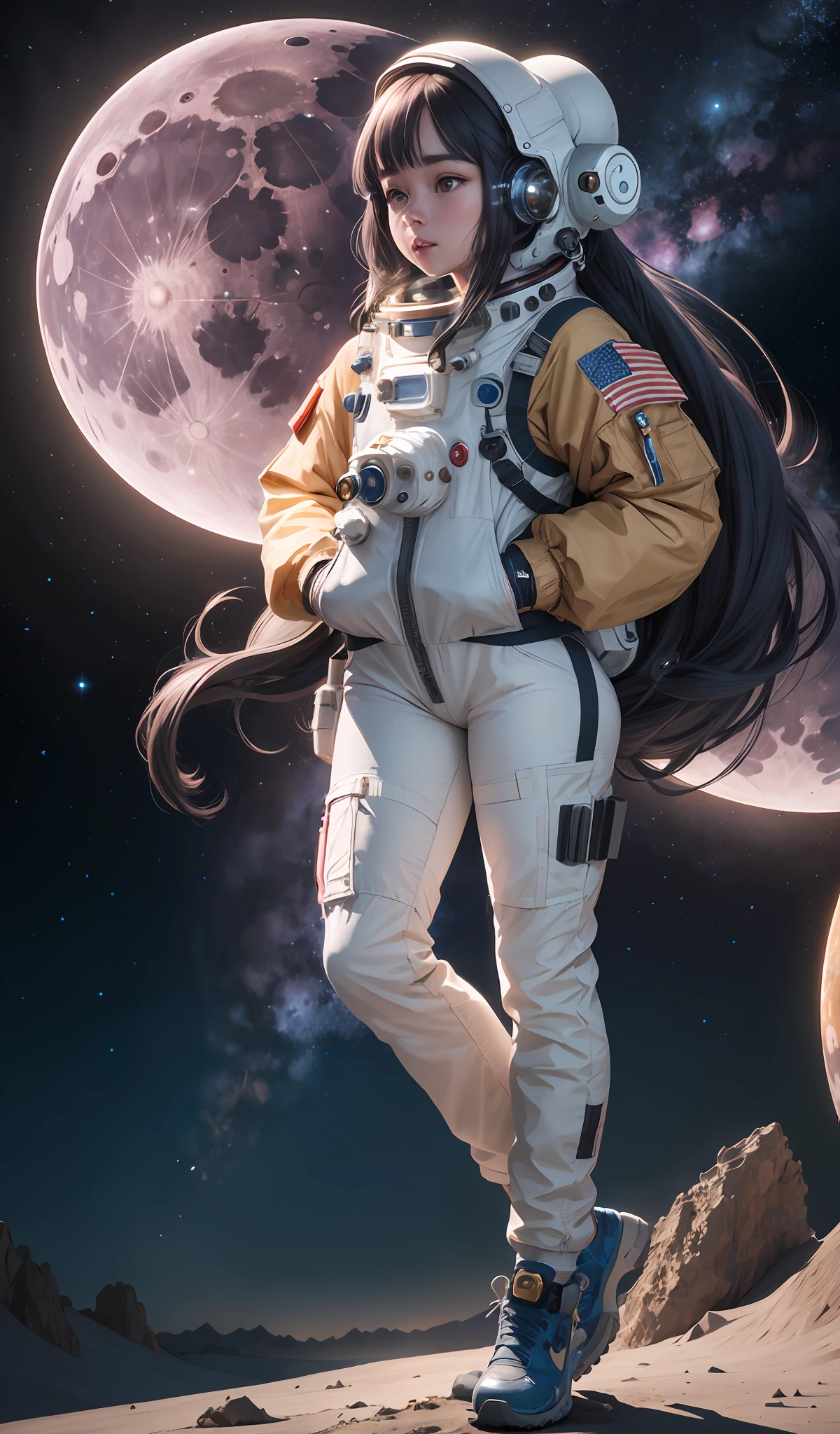 4k, realistic, very detail, there is a girl in the moon, she is an astronout, galaxy theme, soft clothes, long hair, wearing astronout pants, 25 years old, full body, wearing astronout shoes