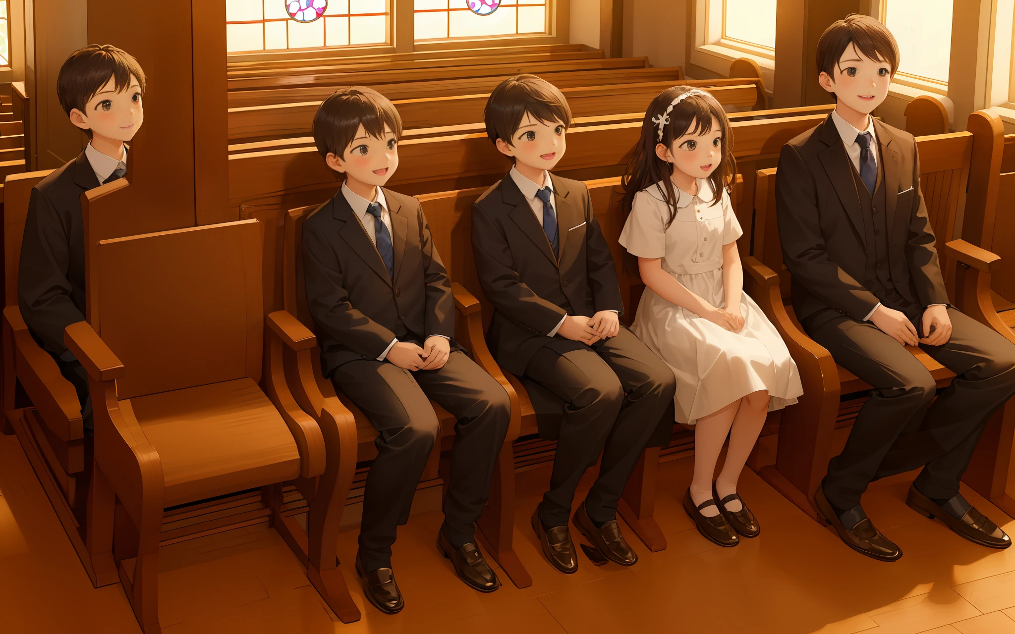 beautiful background,professional photo, three happy boys and three happy kids girls of different nationalities in church cloth, sitting in the first pew of the adventist church , background for power point for lyrics of a hymn, shutterstock style