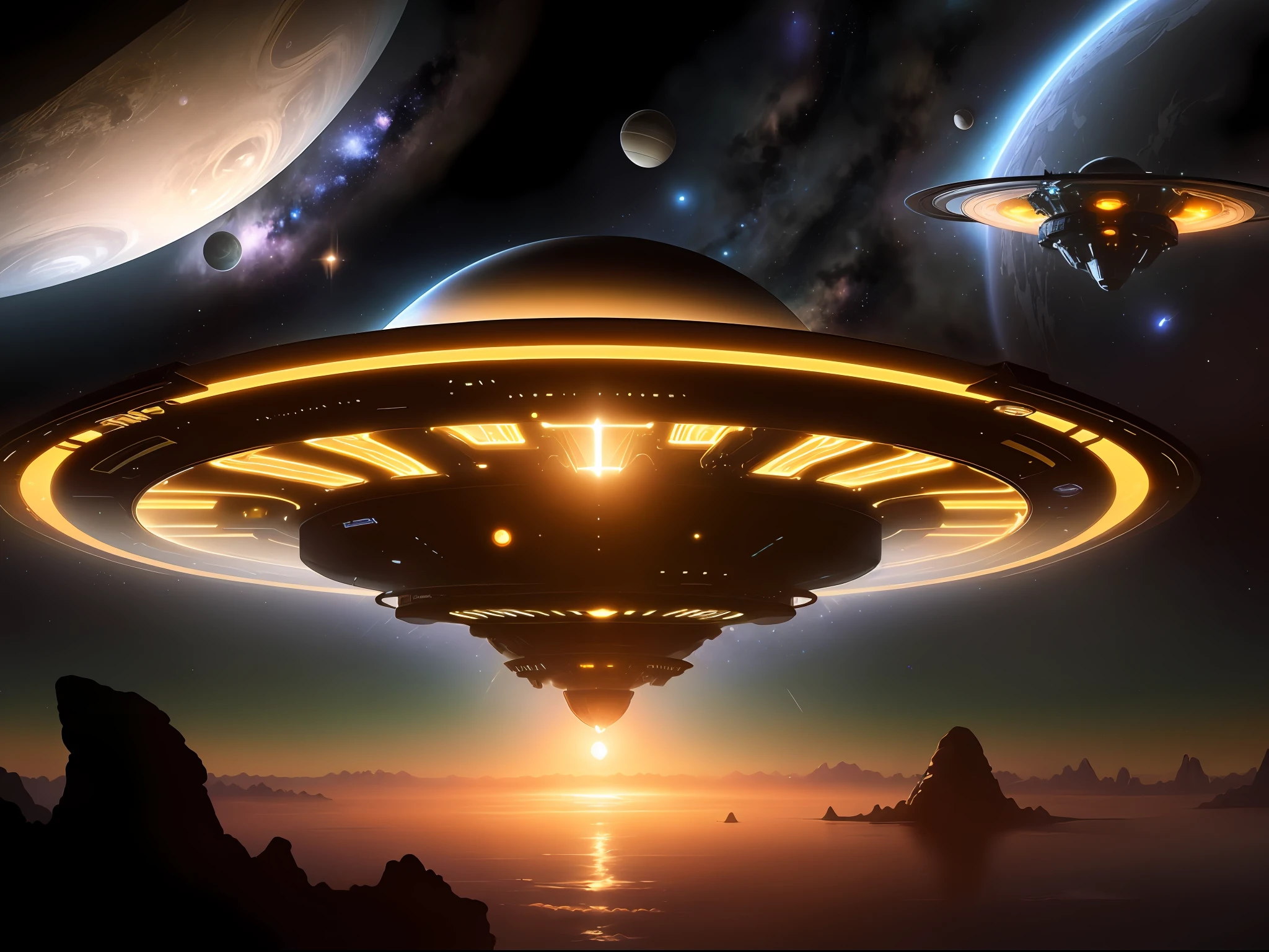 mothership landed on saturn, concept art, starship, sci-fi, saturns ring visible on the horizon, starry sky