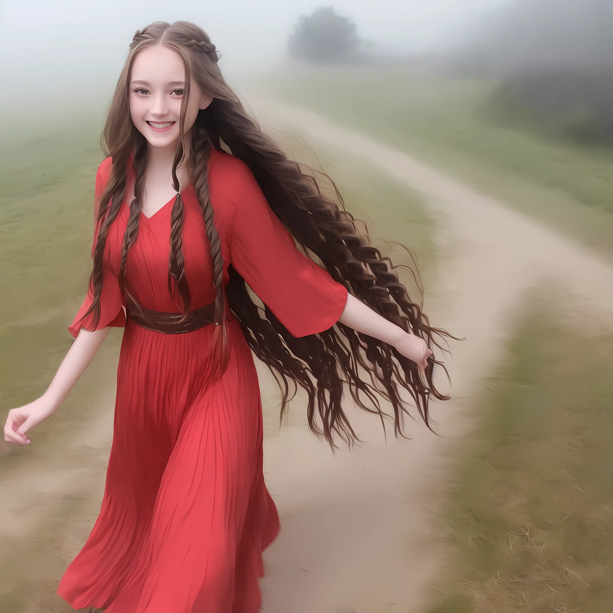 1girl, very beautiful, beautiful girl trending, deadhead, very long hair, braided hair, running towards the viewer, smiling, innocent beautiful girl, round green eyes, fully dressed, long red dress, wavy dress, running towards the viewer in a foggy garden, wavy hair, wavy red scarf