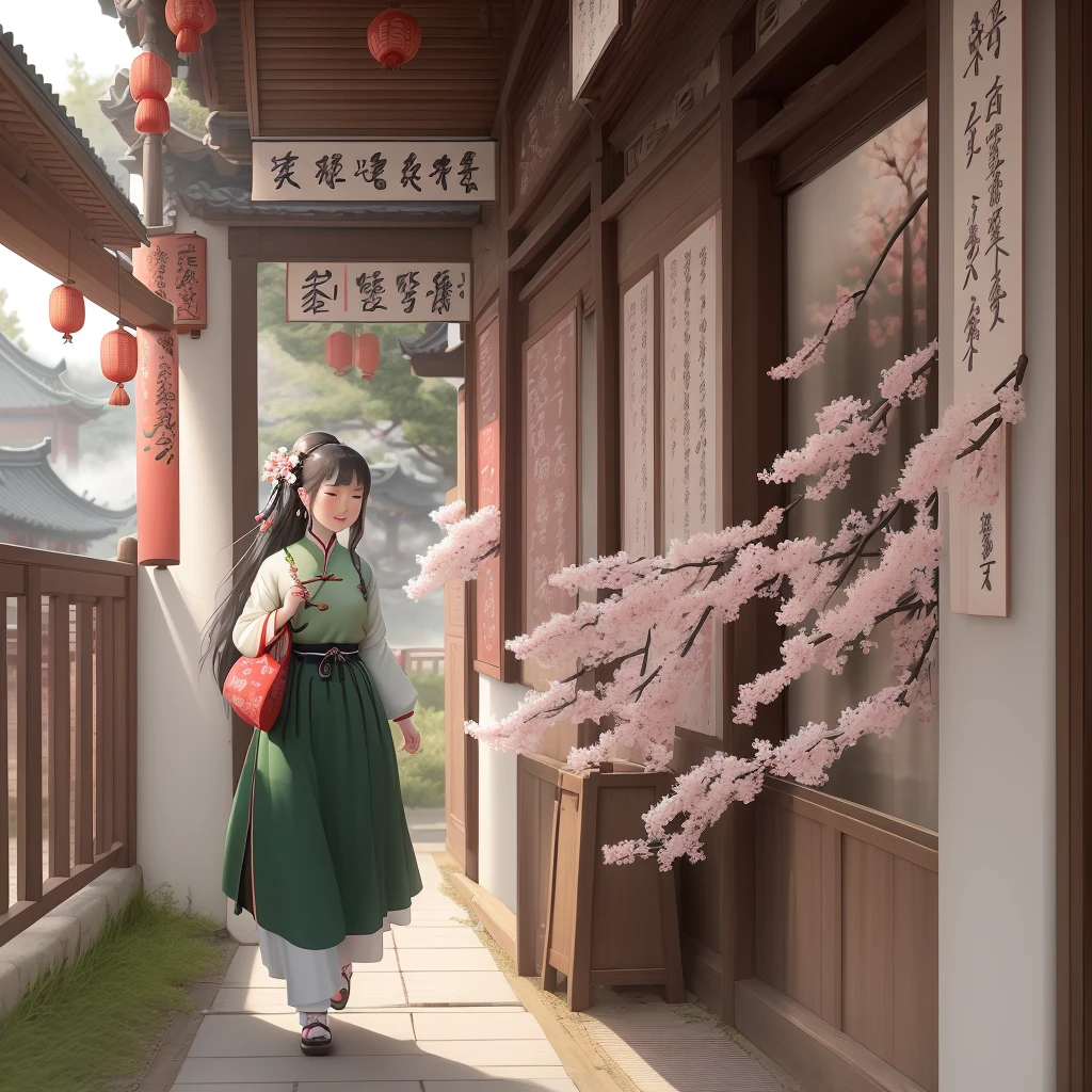 The east wind picks up the spring clothes, and walks to find fragrance and returns. The red-mirrored peach blossoms smile, and the green-covered willows and swallows fly together. Wandering winding paths pity vanilla, melancholy Qiao Lin hanging Luohui. Remember where Yanju is at present, Chaifei is on the west side of the restaurant. traditional Chinese painting