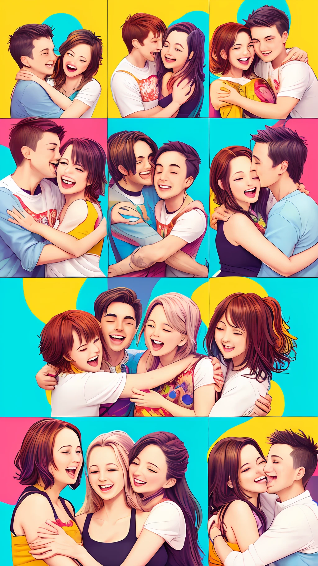 A colorful and energetic realistic illustration capturing friends in a realistic style, radiating happiness as they wrap each other in a warm hug, with lively poses and vivid expressions