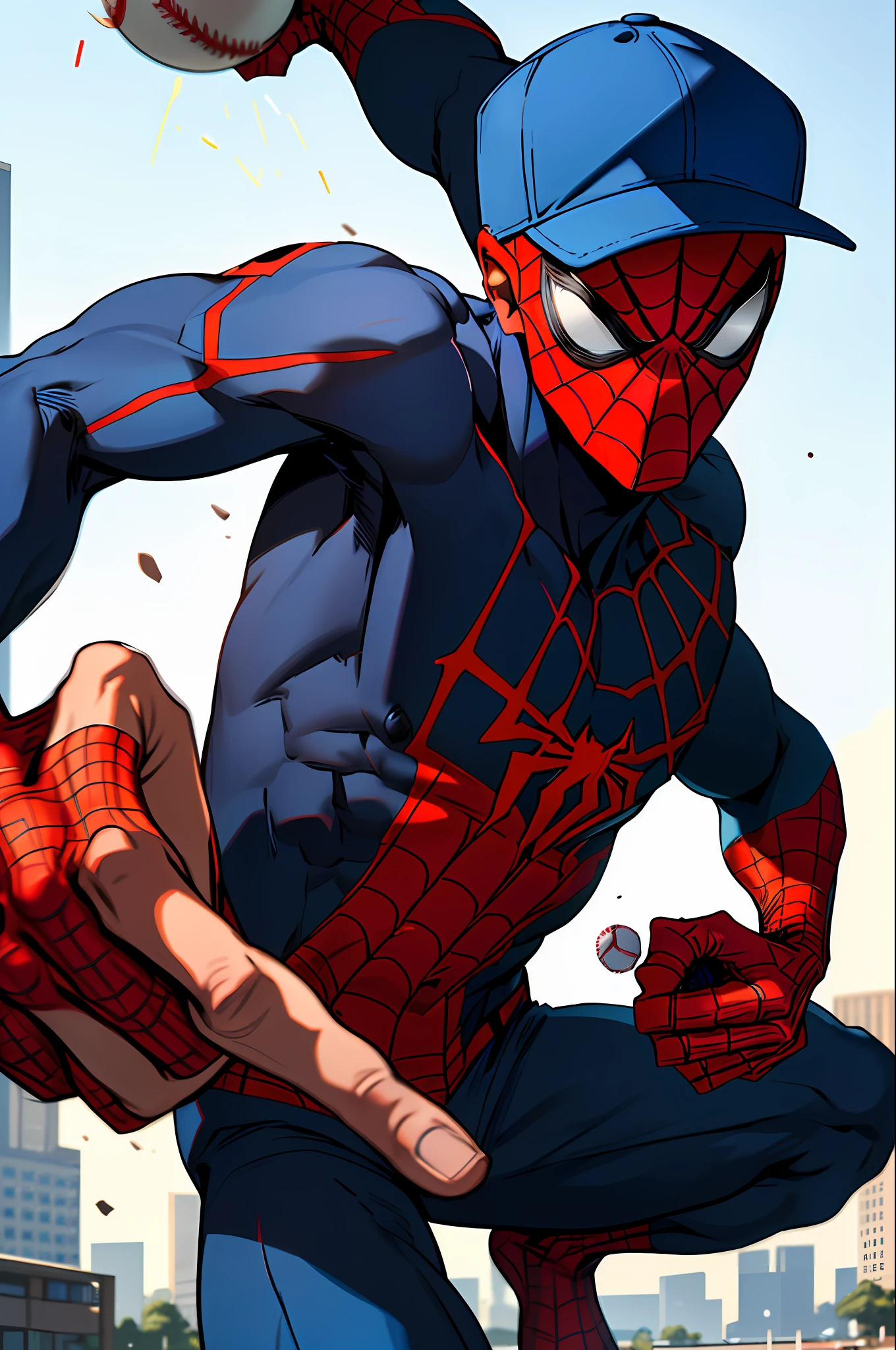 Spiderman, clad in his red and blue suit, stands on the pitcher's mound, (((((his baseball cap pulled low over his brow))))). (((((He grips the ball with his web-slinging fingers, his athletic frame poised and ready to throw))))). His spider-sense tingles as he surveys the field, calculating his next move. In the background, the stands are filled with fans, all eager to see the amazing Spiderman in action.

To capture this shot, a Nikon D850 camera is used with a Nikon 70-200mm f/2.8 lens. The aperture is set to f/2.8 to create a shallow depth of field, blurring out the background and drawing the viewer's attention to Spiderman. The shutter speed is set to 1/1000 to freeze the action, and the ISO is set to 400 to balance the exposure in the bright daylight conditions. The image is shot in RAW format to allow for maximum flexibility in post-processing. The camera is positioned at a low angle to emphasize Spiderman's athleticism and to give the viewer a sense of his power and agility.