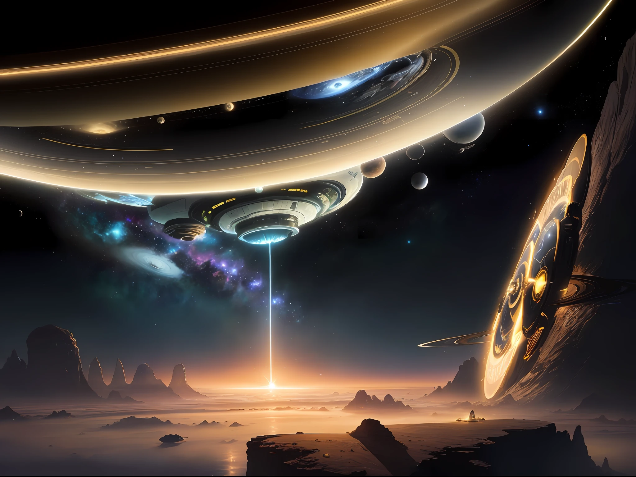 mothership landed on saturn, concept art, starship, sci-fi, saturns ring visible on the horizon, starry sky