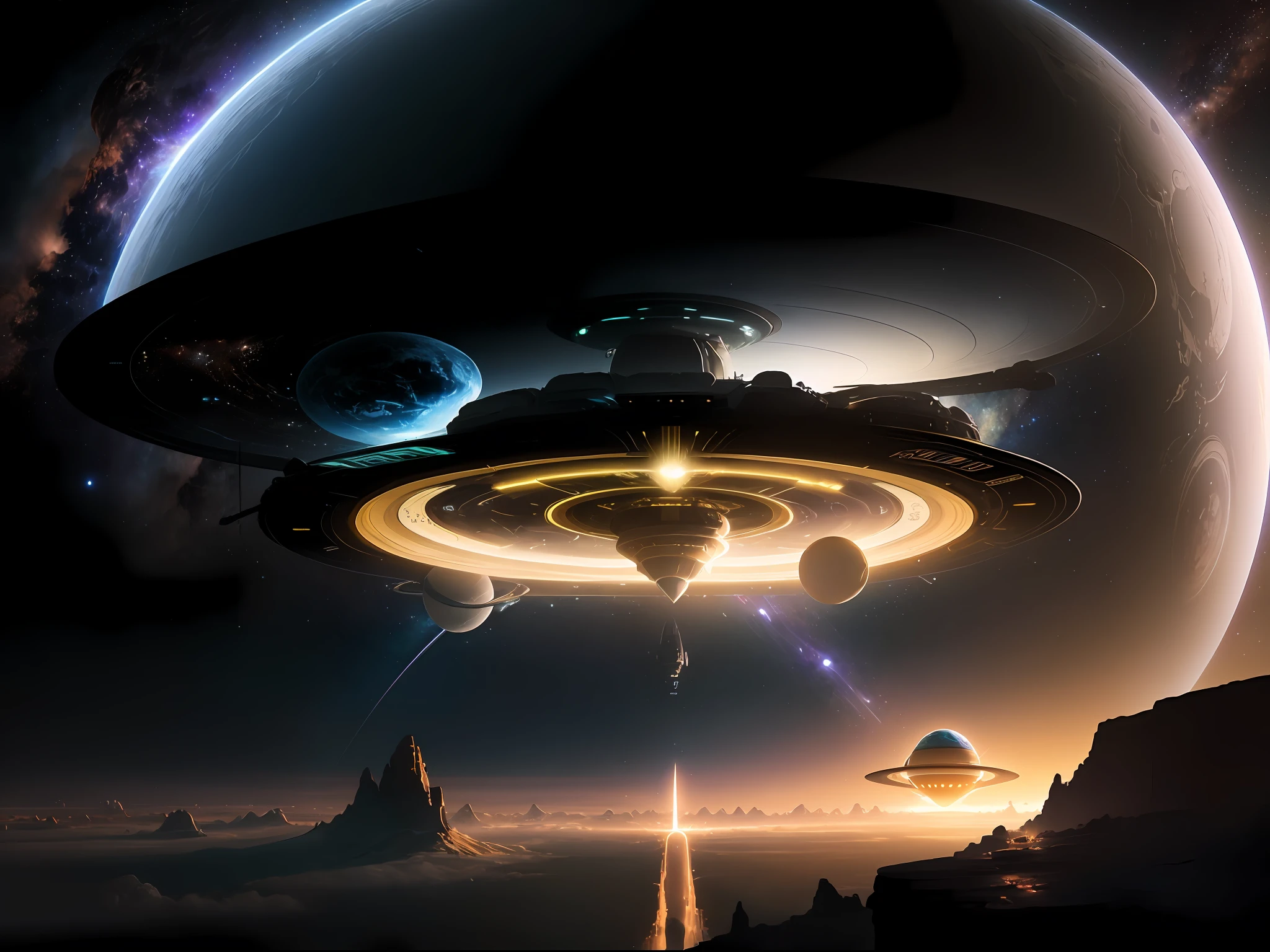 mothership landed on saturn, concept art, starship, sci-fi, saturns ring visible on the horizon, starry sky