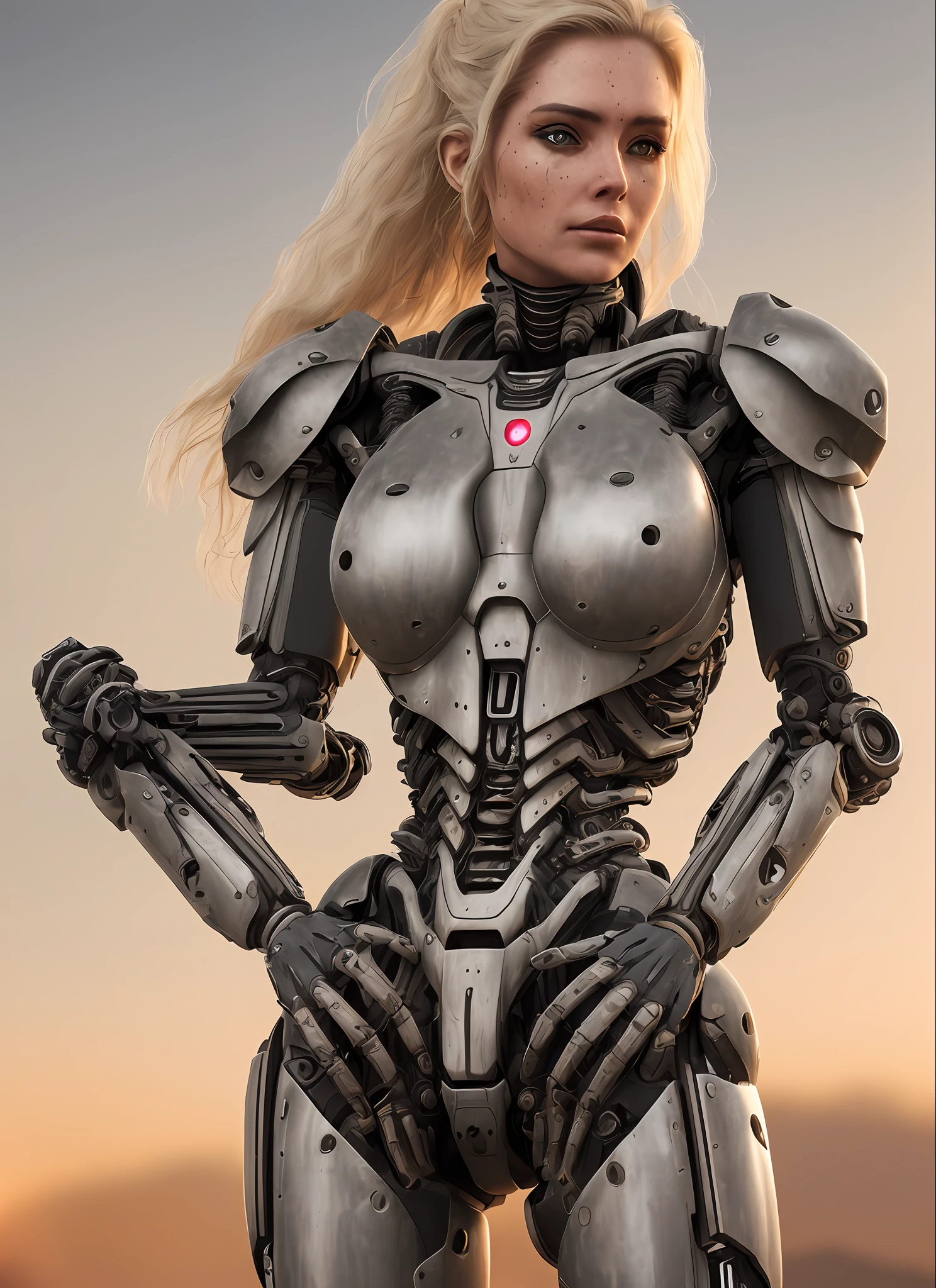 realistic photo of ((woman in huge biomechanical hydraulic exoskeleton armored robot)), (detailed face), sunset, sweaty, dirt, post-apocalyptic, long blonde hair, cyberpunk, (modelshoot style), nsfw