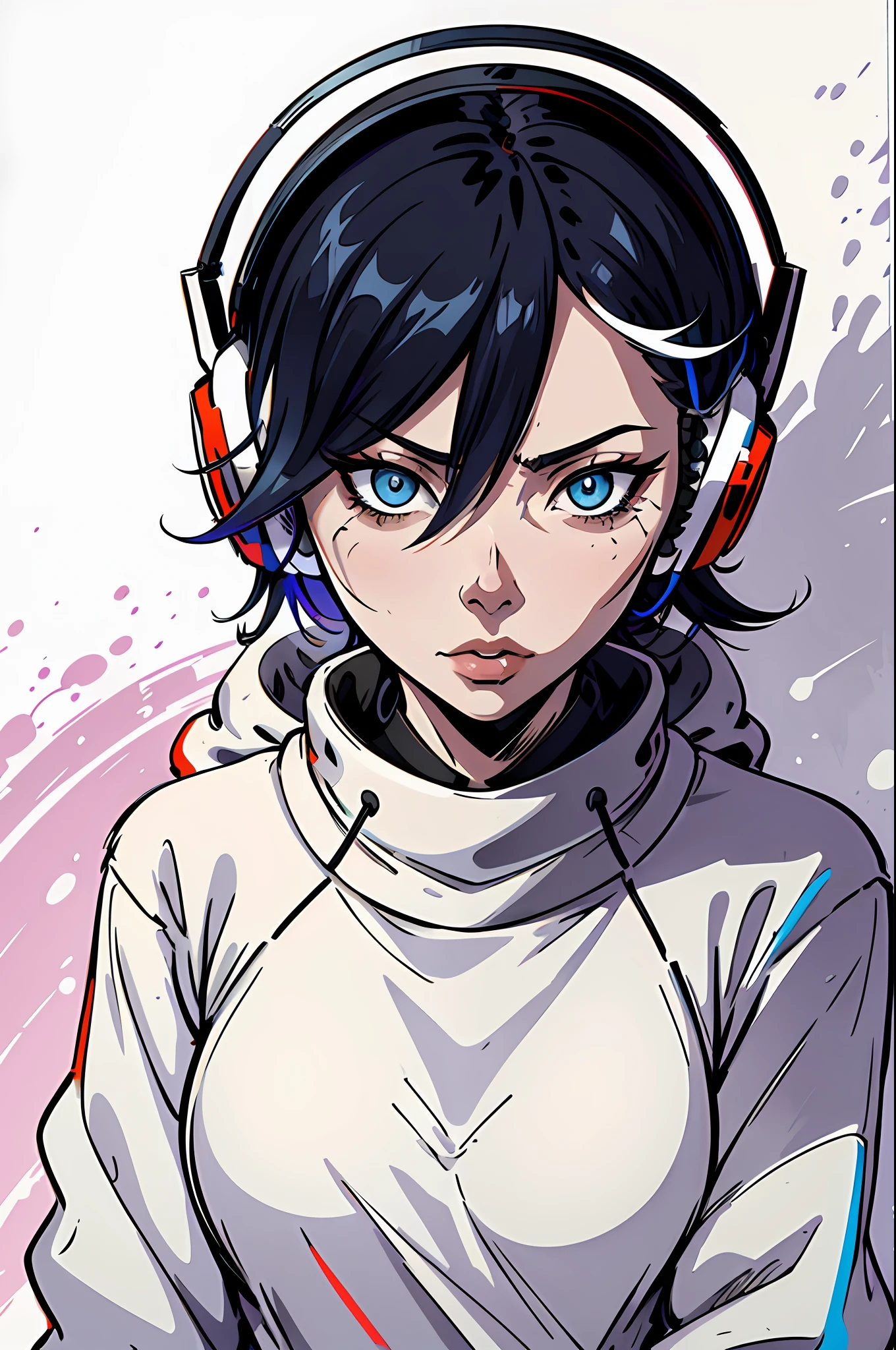 ink art, vector, Rukia bleach, wearing a sweatshirt and headphones, colorful background, highly detailed, face detail, detailed eyes, side shot, music album cover, looking slightly at camera,