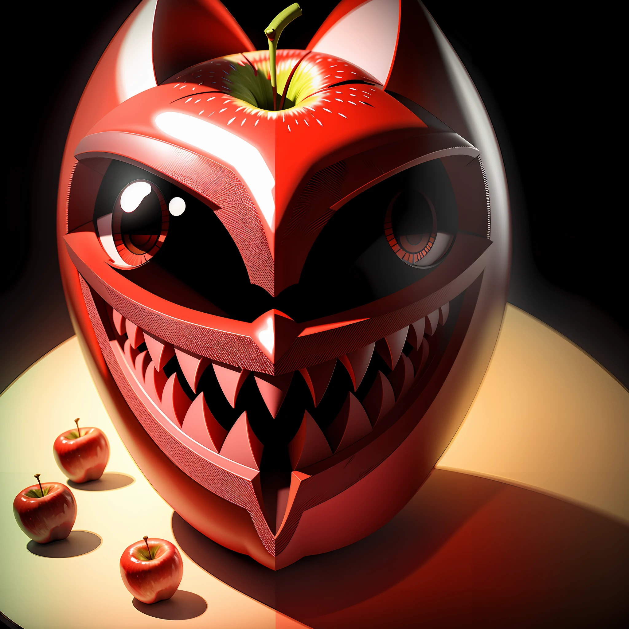 one red apple, 3d animation, evil grin, fa, illustrative animation style, supercomputers text for images, twitch emote, disgusted. fear inspiring humor, watermark:-1, apple trees, cheerful, virus, cartoon, lemon demon, mascot