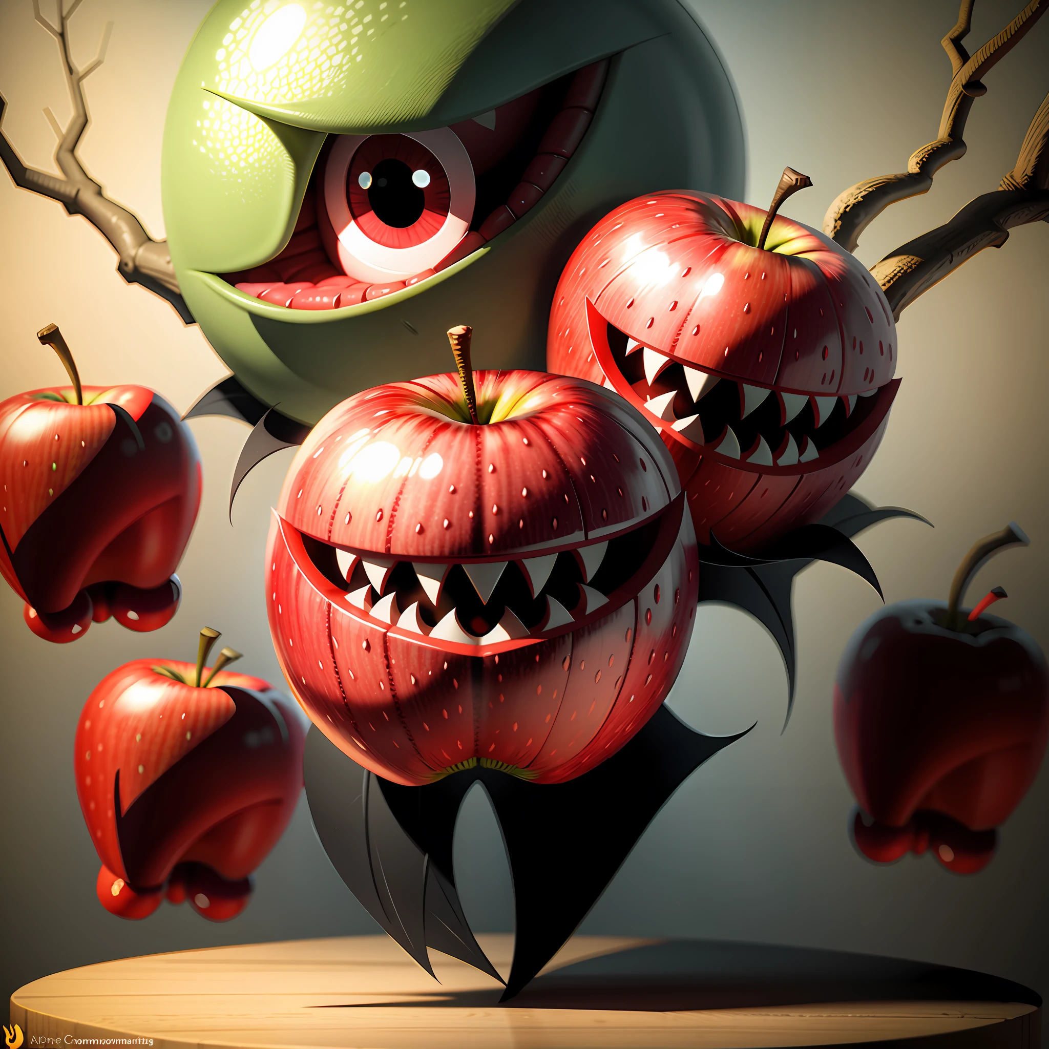 one red apple, 3d animation, evil grin, fa, illustrative animation style, supercomputers text for images, twitch emote, disgusted. fear inspiring humor, watermark:-1, apple trees, cheerful, virus, cartoon, lemon demon, mascot
