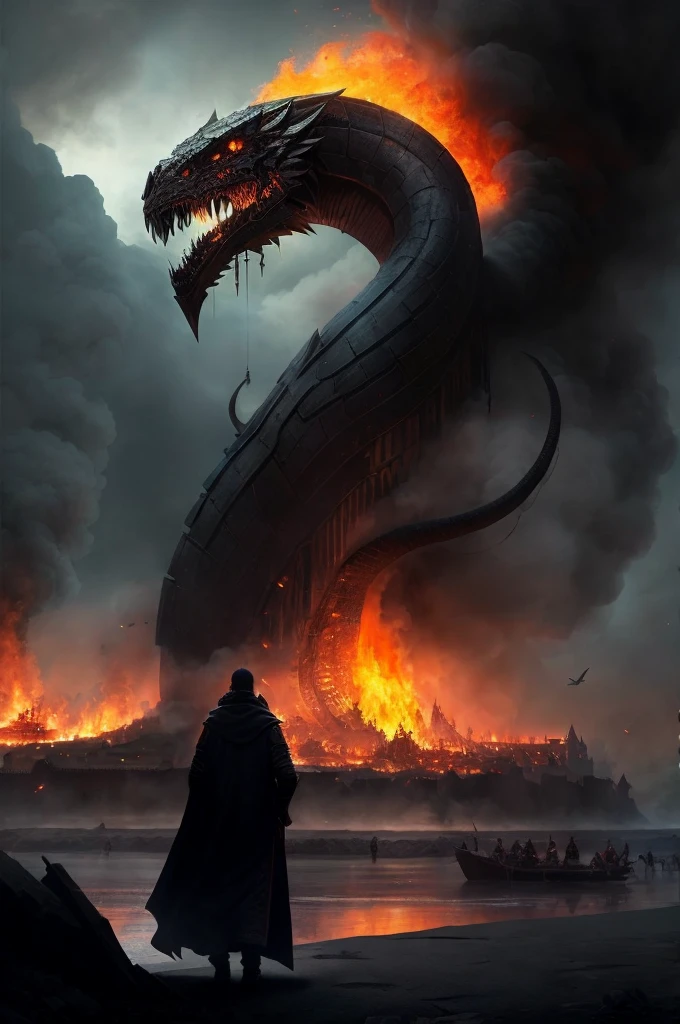an entire medieval village being destroyed by this creature with flames view from behind the medieval warriors watching in disbelief