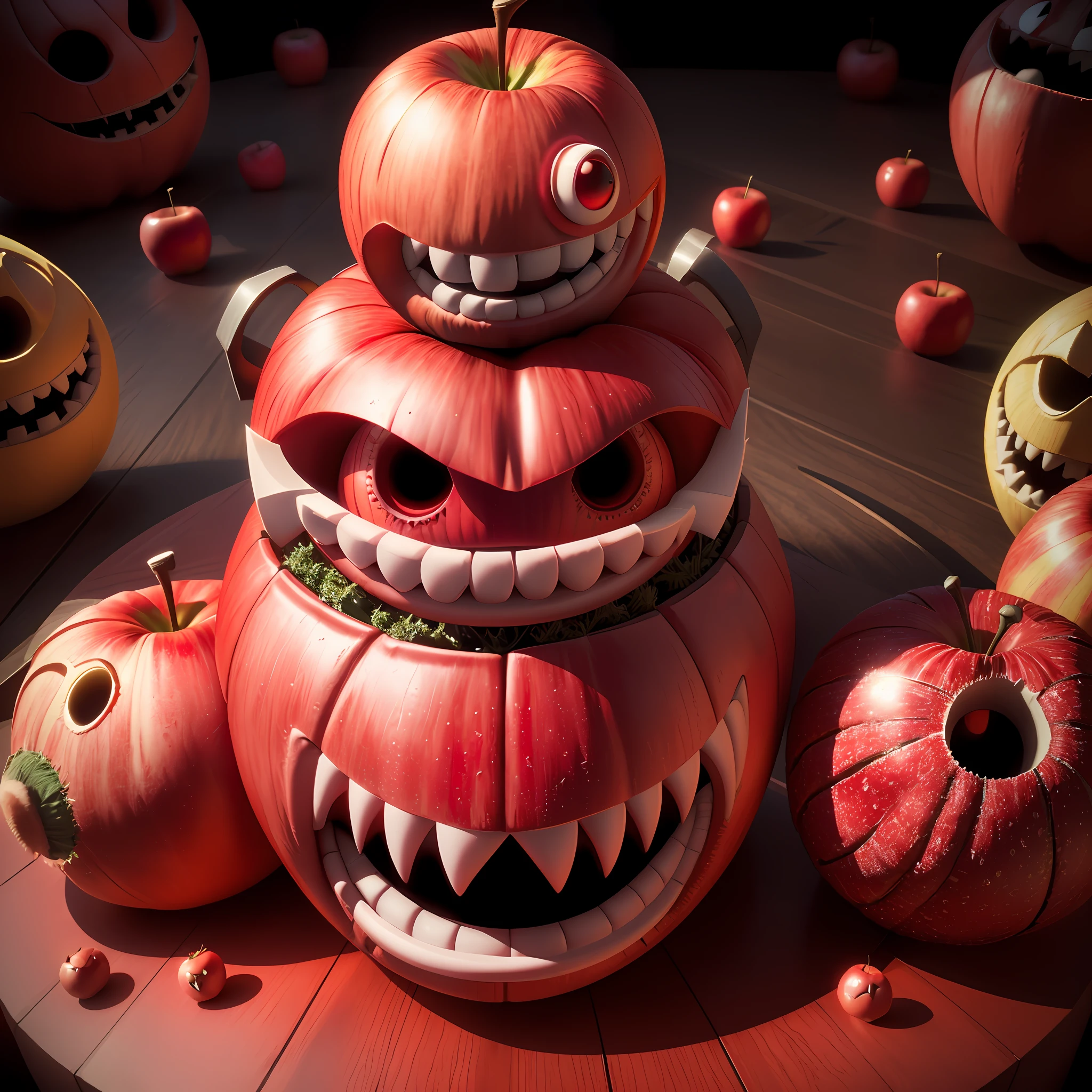 there is a red apple with a big smile on it, fruit monster, creepy evil smile, evil grin, fairy fruit. octane render, evil insane smiling laugh, wide evil grin, tomato monster, evil smile, big evil grin, 3 d cg, red realistic 3 d render, 3d cg, angry smile, scary smile, evil crazy laugh, evil villain grin