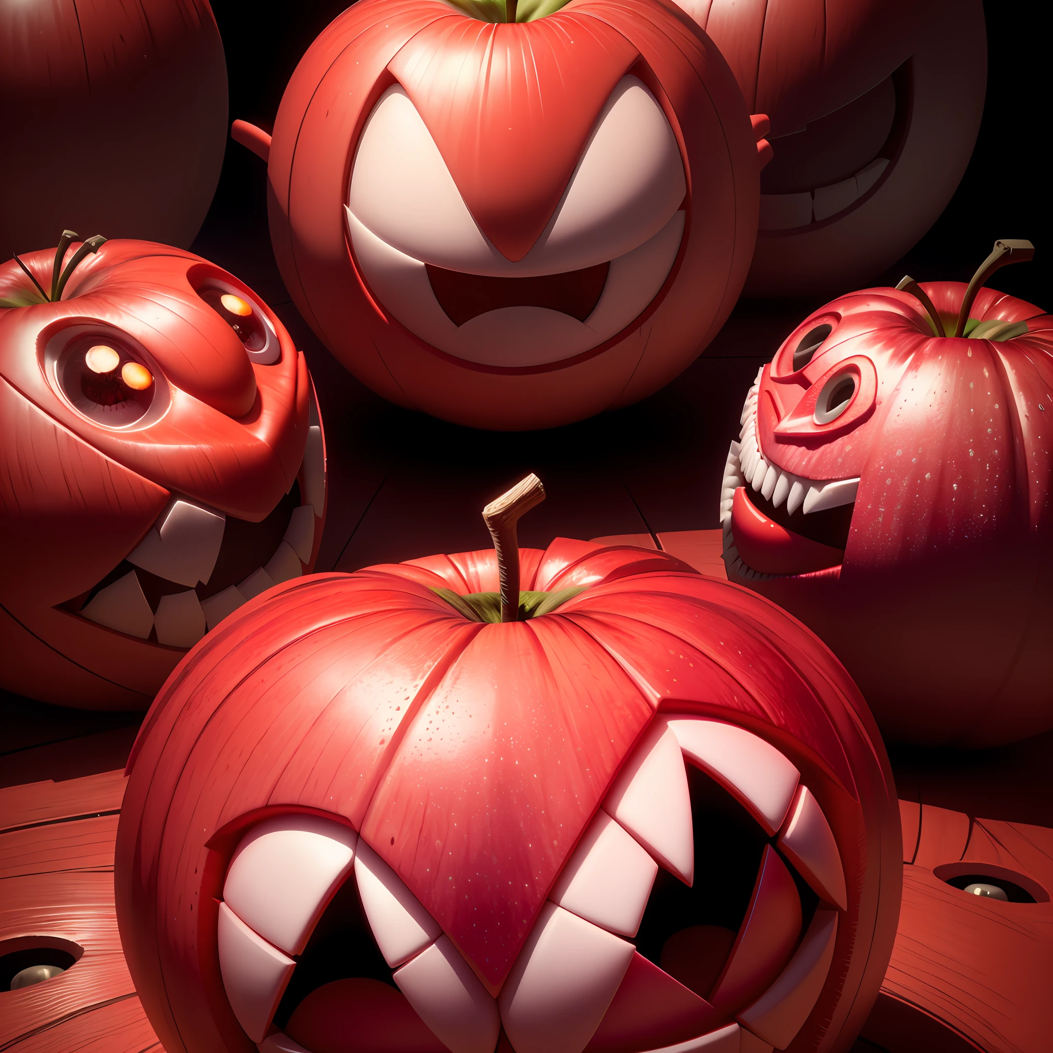 there is a red apple with a big smile on it, fruit monster, creepy evil smile, evil grin, fairy fruit. octane render, evil insane smiling laugh, wide evil grin, tomato monster, evil smile, big evil grin, 3 d cg, red realistic 3 d render, 3d cg, angry smile, scary smile, evil crazy laugh, evil villain grin