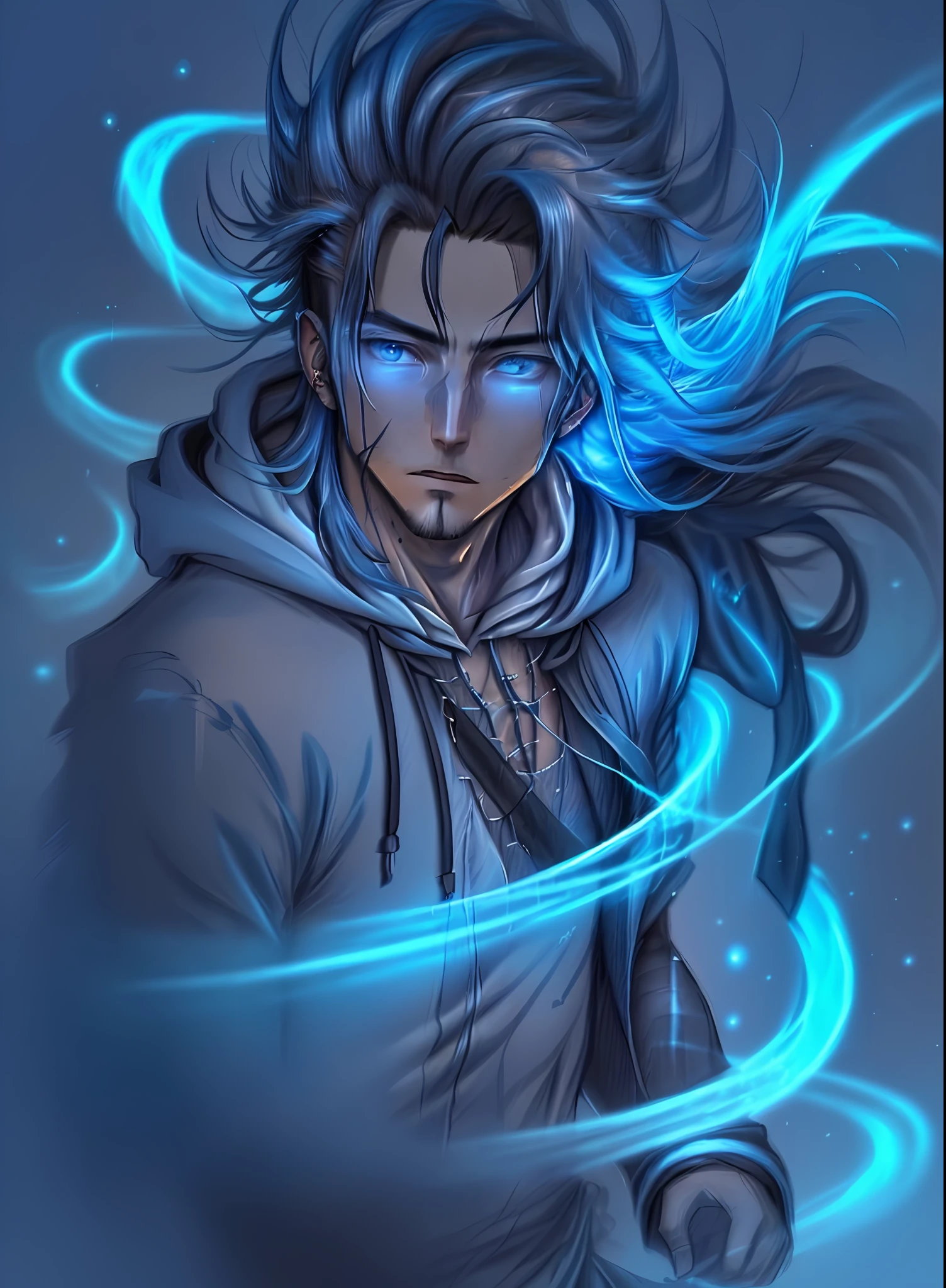 (digital painting, high quality, ultra-realistic details),(nimble moving camera, mysterious character),(man in blue hood),(long, lush hair, piercing eyes),blurred backgrounds.