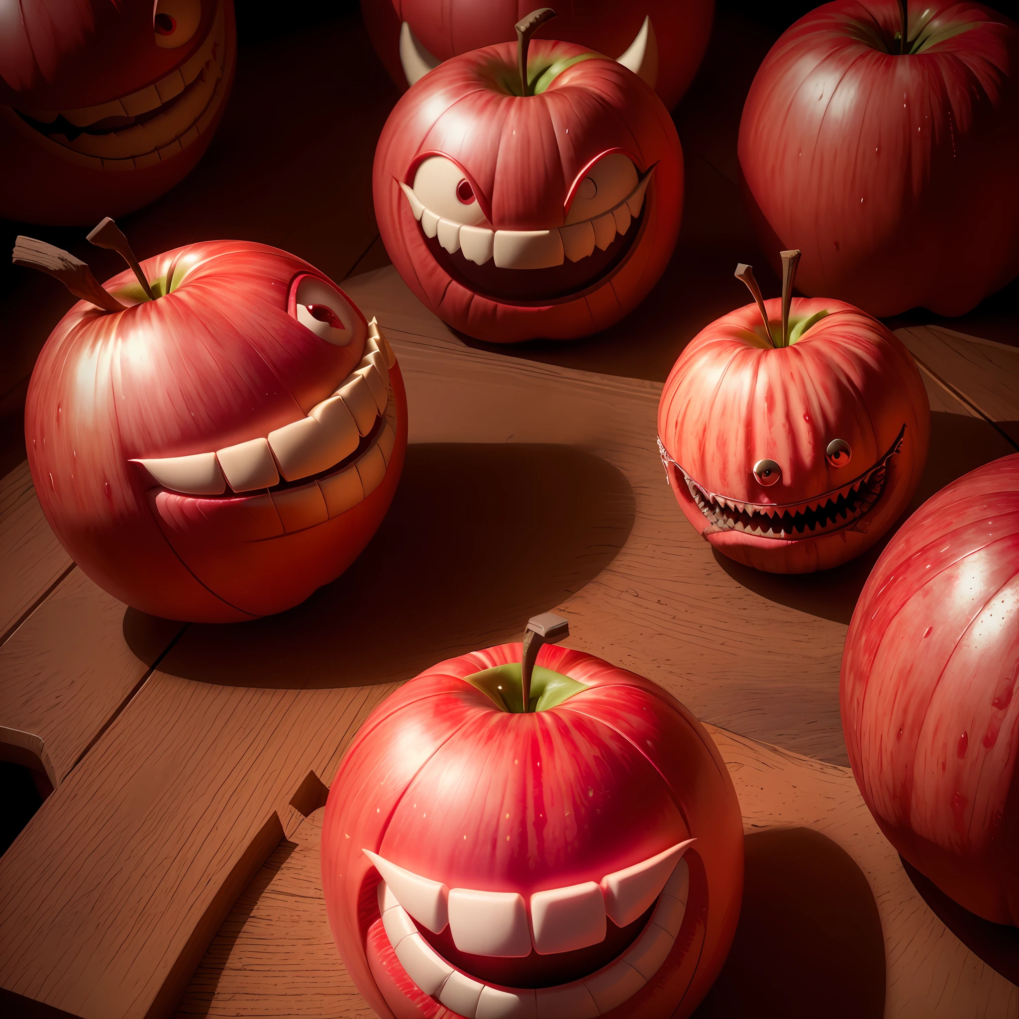 there is a red apple with a big smile on it, fruit monster, creepy evil smile, evil grin, fairy fruit. octane render, evil insane smiling laugh, wide evil grin, tomato monster, evil smile, big evil grin, 3 d cg, red realistic 3 d render, 3d cg, angry smile, scary smile, evil crazy laugh, evil villain grin