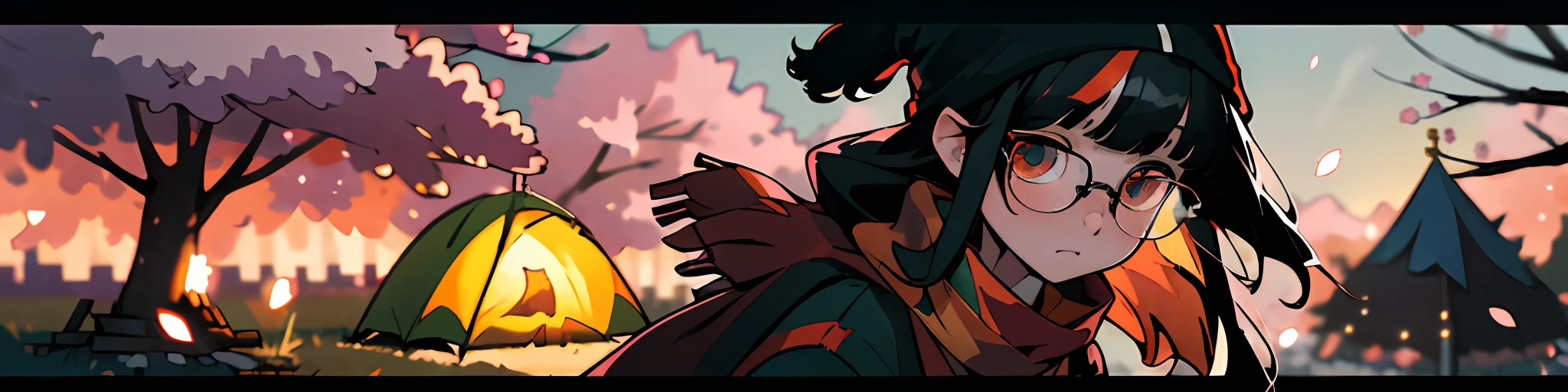 black hair, hime cut, long hair, straight hair, glasses, fish hair ornament, multicolored eyes, ombre hair, jacket, scarf, beanie, depth of field, cinematic lighting, blurry foreground, wide shot, f/1.8, (masterpiece: 2, super detail, 8k, highres), cherry blossoms, camping, bonfire,