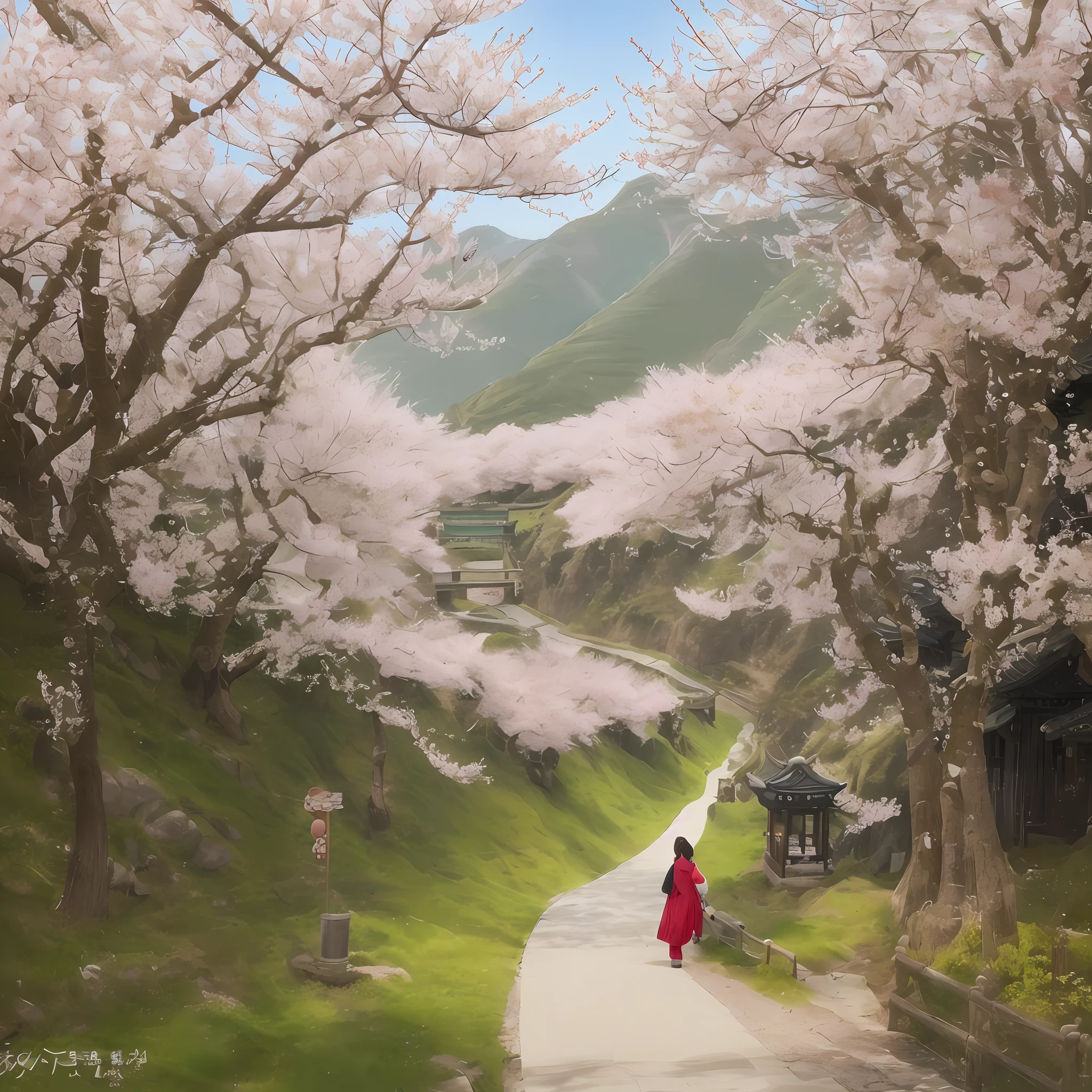 The east wind picks up the spring clothes, and walks to find fragrance and returns. The red-mirrored peach blossoms smile, and the green-covered willows and swallows fly together. Wandering winding paths pity vanilla, melancholy Qiao Lin hanging Luohui. Remember where Yanju is at present, Chaifei is on the west side of the restaurant. traditional Chinese painting