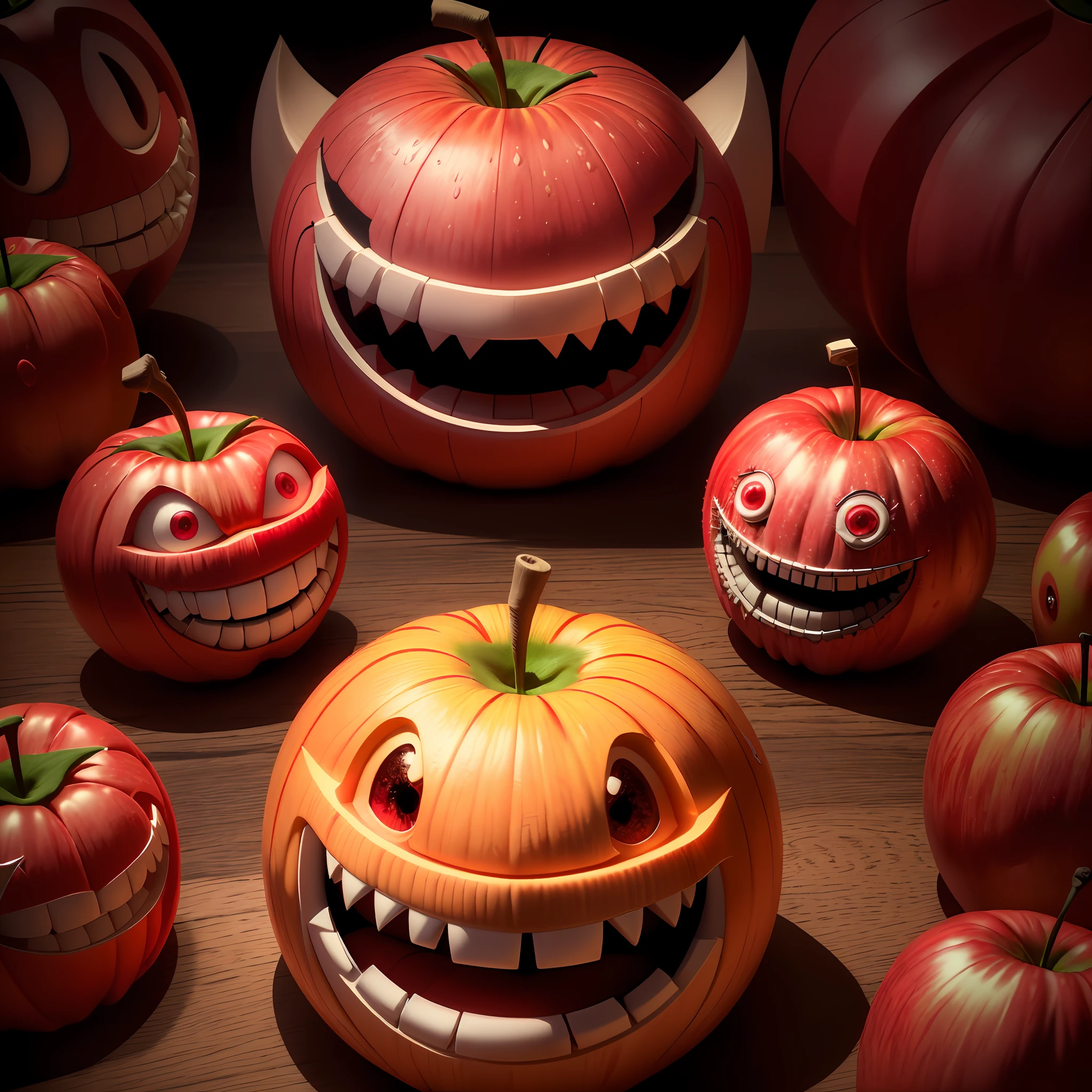 there is a red apple with a big smile on it, fruit monster, creepy evil smile, evil grin, fairy fruit. octane render, evil insane smiling laugh, wide evil grin, tomato monster, evil smile, big evil grin, 3 d cg, red realistic 3 d render, 3d cg, angry smile, scary smile, evil crazy laugh, evil villain grin
