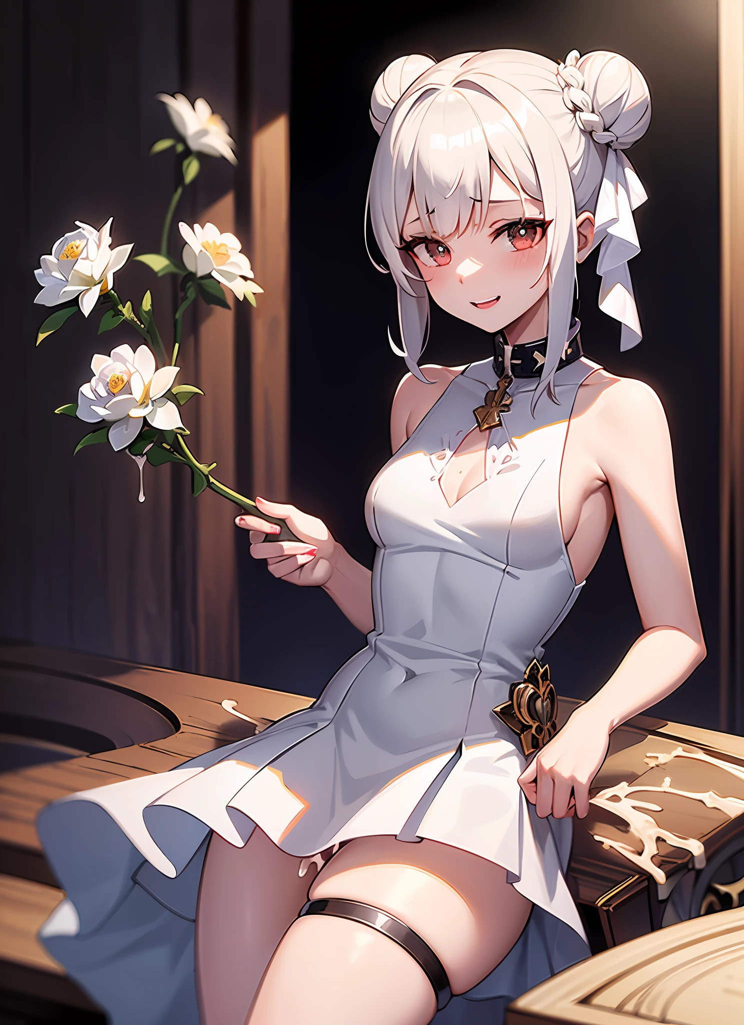 1girl,masterclass,best quality, LeMalinSundress, indoors, smile,small breasts,cowboy shot, double bun, long hair, short dress,   sleeveless, sleeveless dress,   sundress,   white_flower, white_rose,  halter dress, black camisole,  white dress, le_malin_(the_knight's_true_nature)_(azur_lane),black collar, spiked collar, ((excessive cum:1.2)), ((cum on thighs)