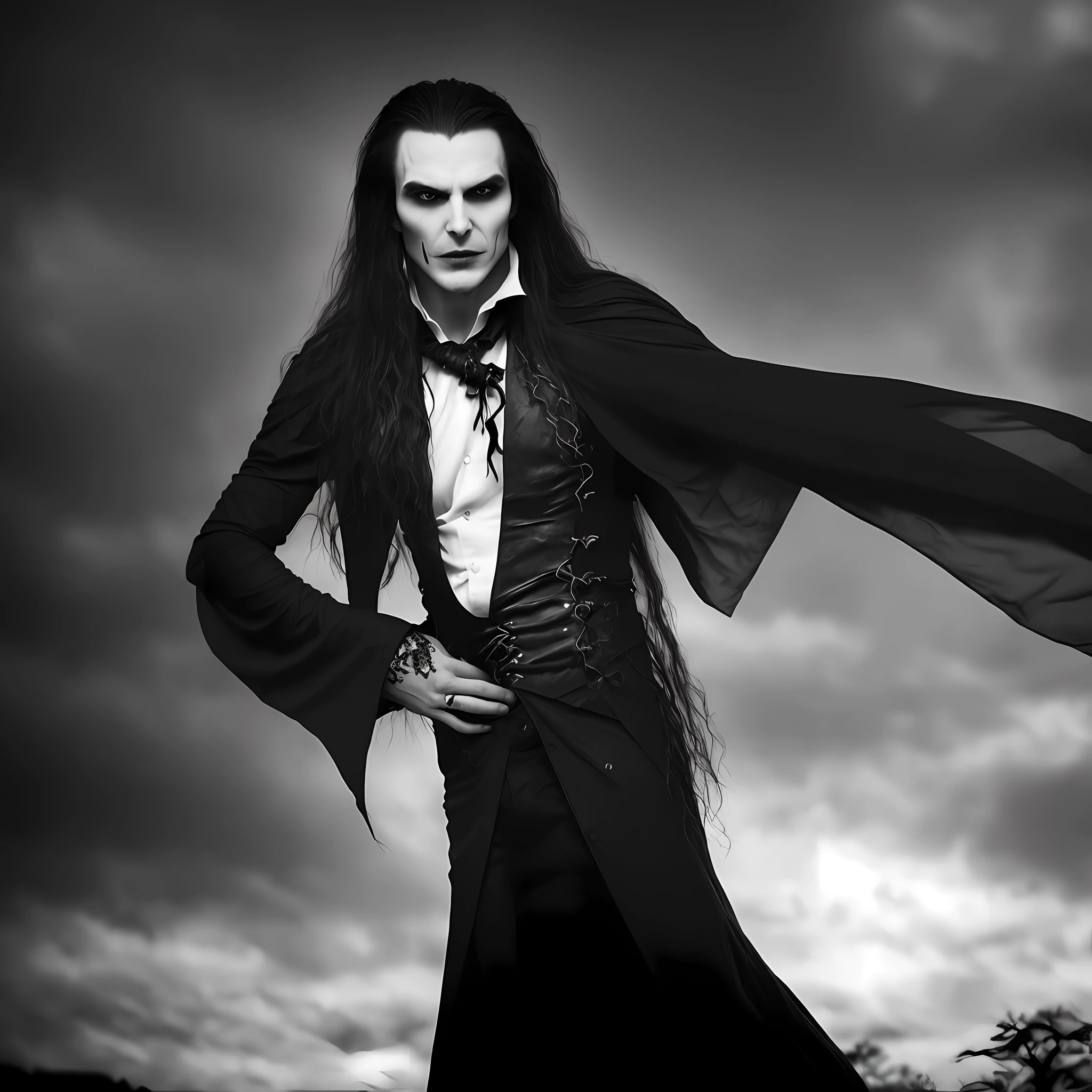 Create an image of a handsome vampire who has just emerged from their slumber. The vampire should be depicted as a creature of elegance and power, with long, flowing hair and sharp, angular features. Their skin should be pale and flawless, with a subtle hint of otherworldliness. The vampire's eyes should be deep and alluring, with a predatory gleam that hints at their insatiable thirst for blood. They should be dressed in attire that is both modern and timeless, with a style that suggests a long history of living among humans. As they emerge from their slumber, the vampire should be shown with a sense of calm confidence, exuding an aura of danger and intrigue. The background should be shrouded in shadow, with just a hint of moonlight filtering through the darkness. In the vampire's hand, there should be a small vial of blood, freshly drawn from their latest victim. The vampire should appear both satisfied and slightly unnerved by their own hunger, as though they are aware of the danger they pose to those around them.