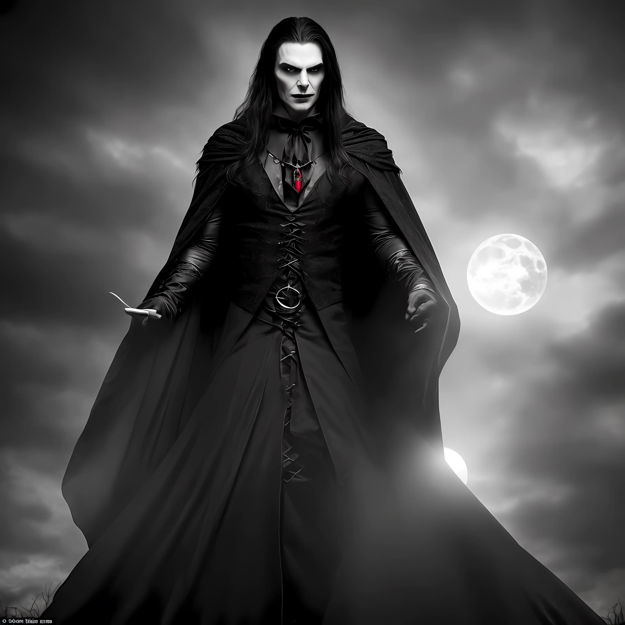 Create an image of a handsome vampire who has just emerged from their slumber. The vampire should be depicted as a creature of elegance and power, with long, flowing hair and sharp, angular features. Their skin should be pale and flawless, with a subtle hint of otherworldliness. The vampire's eyes should be deep and alluring, with a predatory gleam that hints at their insatiable thirst for blood. They should be dressed in attire that is both modern and timeless, with a style that suggests a long history of living among humans. As they emerge from their slumber, the vampire should be shown with a sense of calm confidence, exuding an aura of danger and intrigue. The background should be shrouded in shadow, with just a hint of moonlight filtering through the darkness. In the vampire's hand, there should be a small vial of blood, freshly drawn from their latest victim. The vampire should appear both satisfied and slightly unnerved by their own hunger, as though they are aware of the danger they pose to those around them.
