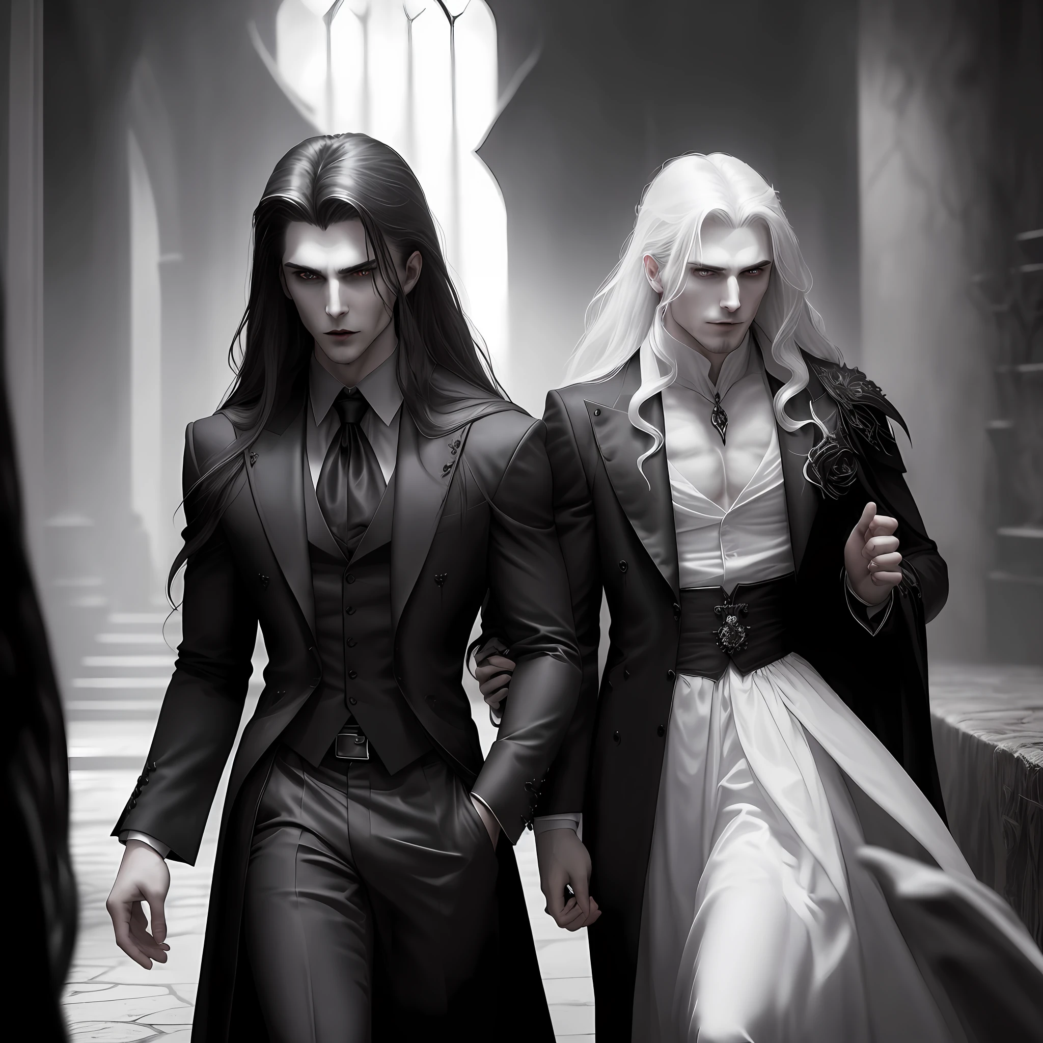 Create an image of a handsome vampire who has just emerged from their slumber. The vampire should be depicted as a creature of elegance and power, with long, flowing hair and sharp, angular features. Their skin should be pale and flawless, with a subtle hint of otherworldliness. The vampire's eyes should be deep and alluring, with a predatory gleam that hints at their insatiable thirst for blood. They should be dressed in attire that is both modern and timeless, with a style that suggests a long history of living among humans. As they emerge from their slumber, the vampire should be shown with a sense of calm confidence, exuding an aura of danger and intrigue. The background should be shrouded in shadow, with just a hint of moonlight filtering through the darkness. In the vampire's hand, there should be a small vial of blood, freshly drawn from their latest victim. The vampire should appear both satisfied and slightly unnerved by their own hunger, as though they are aware of the danger they pose to those around them.