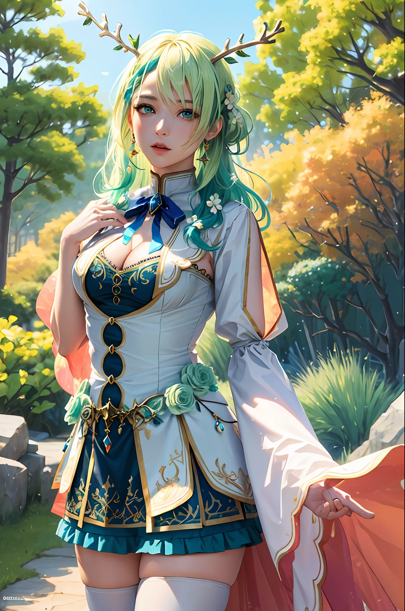 masterpiece, best quality, ultra-detailed, illustration, epic lighting, cinematic composition, 1girl, ceres_fauna, medium breasts, green hair, braid, braided bangs, yellow eyes, cleavage, single braid, antlers, jewelry, anklet, hair flower, multicolored hair, long hair, hair ornament, green flower, streaked hair, earrings, white thighhighs, bow, wide sleeves, leaf, blue dress, horns, cowboy shot, looking at viewer, outdoors, nature, simple background, (8k:1.1)