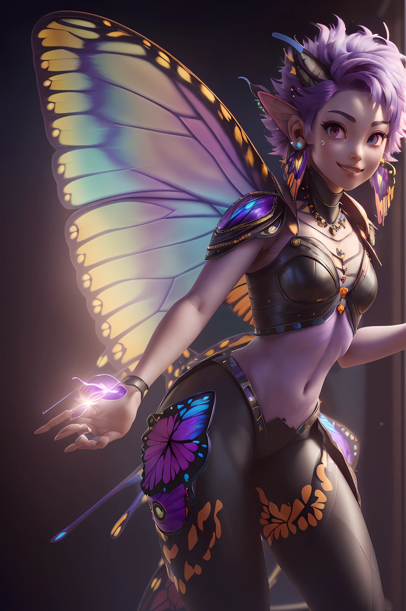 (highly detailed CG unity 8K wallpaper, masterpiece, best quality), (best lighting, best shadow, exquisite and beautiful), floating, (dynamic angle, one young girl, short purple hair, legs spread, fine skin, mischievous face, bright red eyes, beautiful earrings, looking at the viewer, dynamic pose, butterfly wings behind her back, sexy), (wide angle)