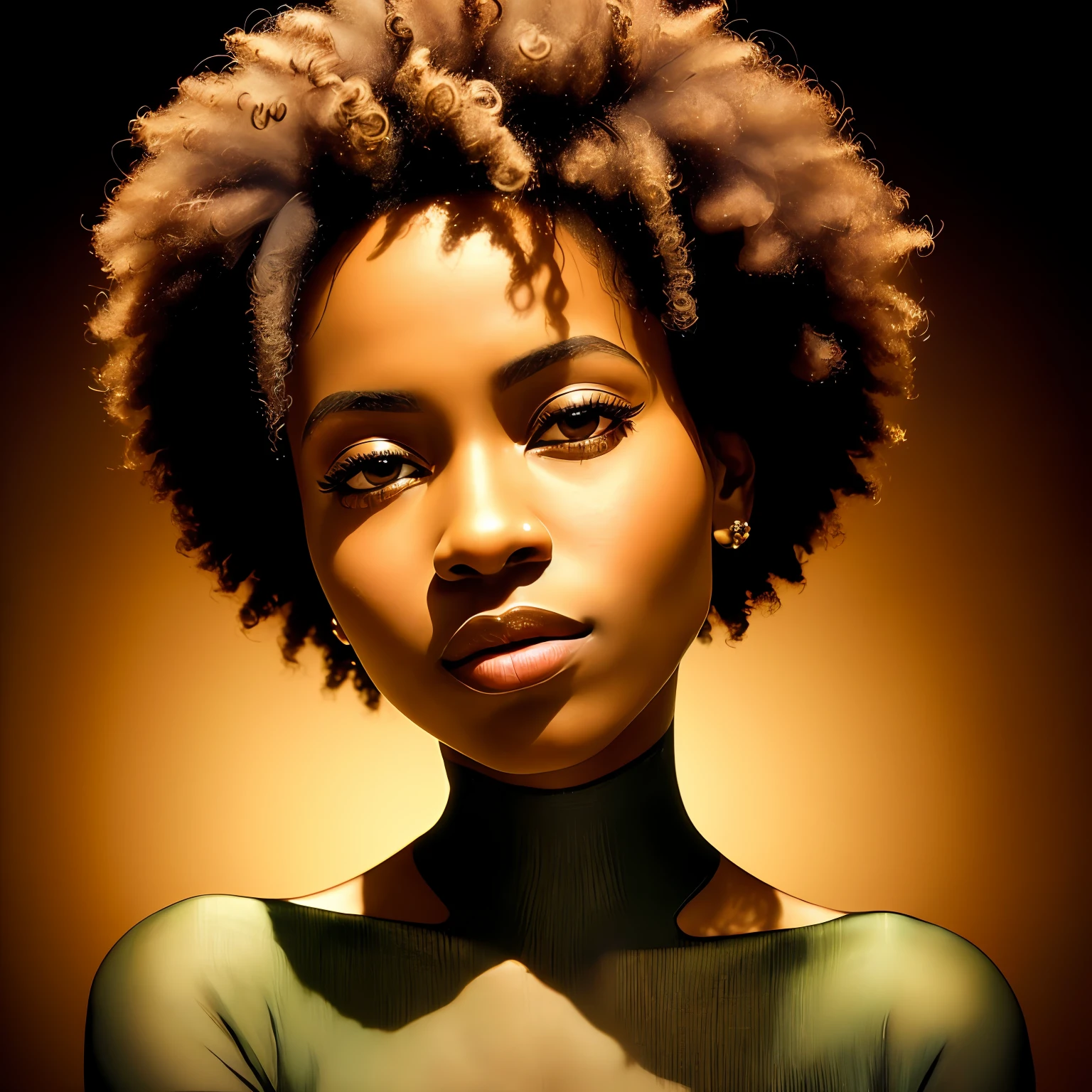 realistic photography, Bold styles, close-up face of beautiful black African woman, her hair is short and curly, her skin shines in the sun and smooth as silk, her face is beautiful with cinematic details, her eyes are vibrant and green, two sensuous garments characters from the African continent, Adobe Illustration, Tranding on Artstation, photoshop, ((masterpiece)), ((magnificent cinematic art)), by Brett Walker, lighting by REMBRANDT, 50mm bifocal lens, --no duplicated woman, -