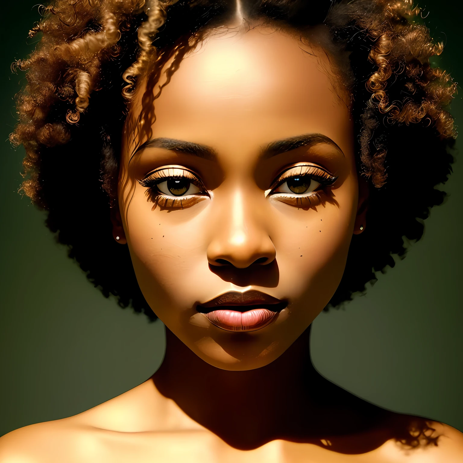 realistic photography, Bold styles, close-up face of beautiful black African woman, her hair is short and curly, her skin shines in the sun and smooth as silk, her face is beautiful with cinematic details, her eyes are vibrant and green, two sensuous garments characters from the African continent, Adobe Illustration, Tranding on Artstation, photoshop, ((masterpiece)), ((magnificent cinematic art)), by Brett Walker, lighting by REMBRANDT, 50mm bifocal lens, --no duplicated woman, -