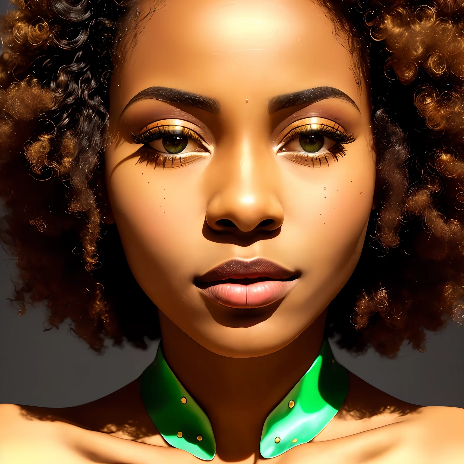 realistic photography, Bold styles, close-up face of beautiful black African woman, her hair is short and curly, her skin shines in the sun and smooth as silk, her face is beautiful with cinematic details, her eyes are vibrant and green, two sensuous garments characters from the African continent, Adobe Illustration, Tranding on Artstation, photoshop, ((masterpiece)), ((magnificent cinematic art)), by Brett Walker, lighting by REMBRANDT, 50mm bifocal lens, --no duplicated woman, -