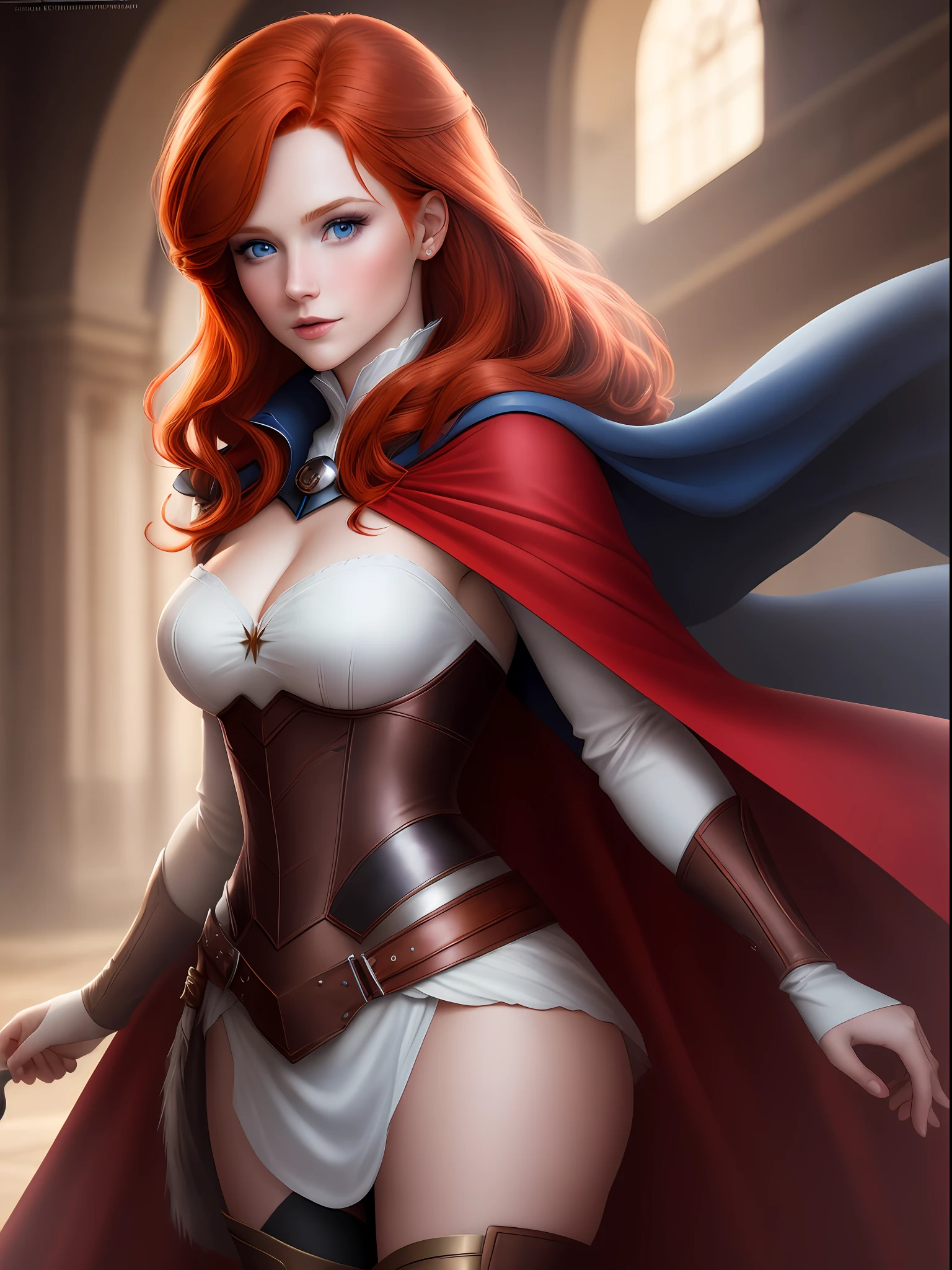 (A woman), redhead, cape, high resolution 8k, pretty face, blue eyes