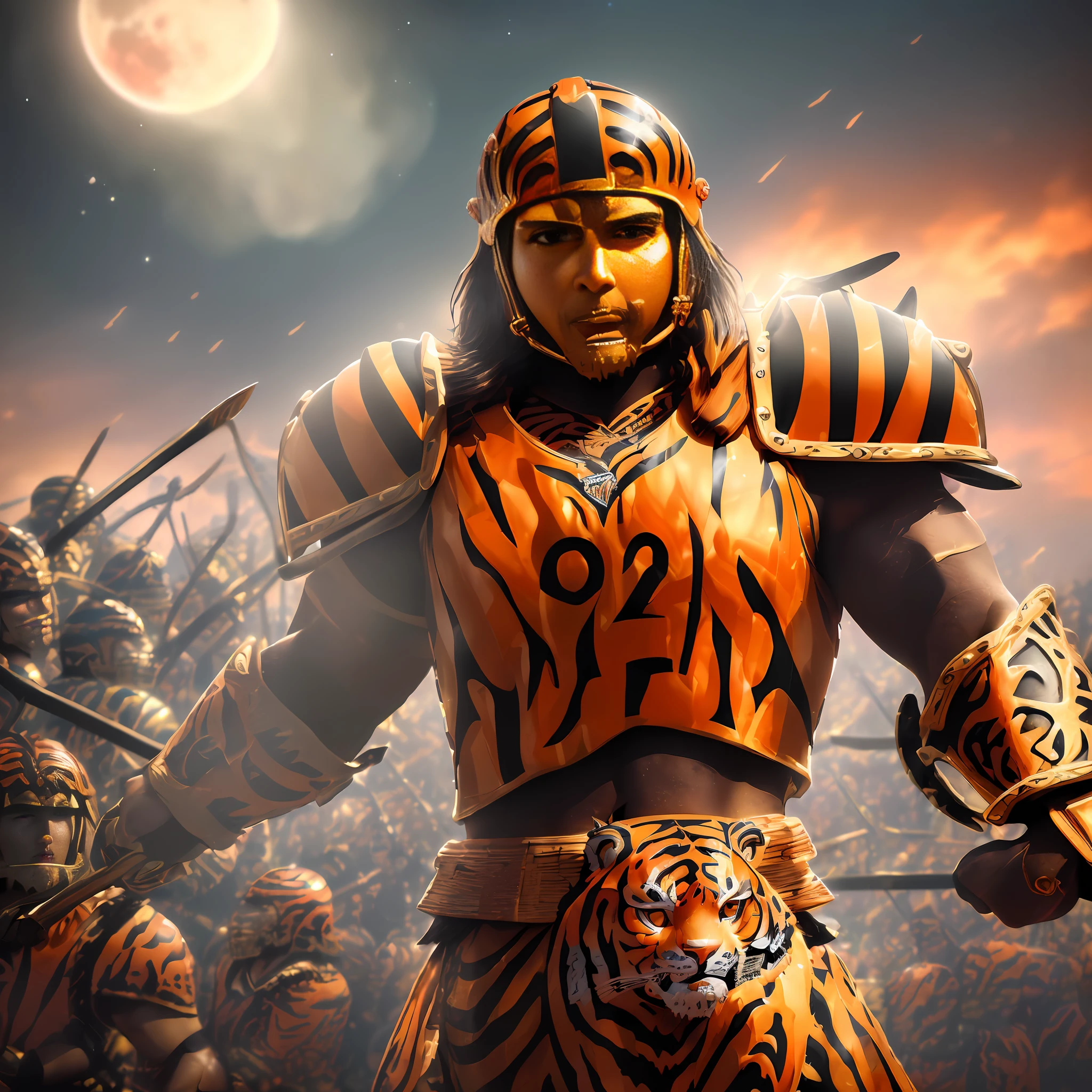 Draw a blood moon illuminating the scene, trending on artstation 4k, 8k, (biofluorescence), (vibrant, colourful, color,:1.4), (glowing, glow), (vibrant, colourful, color:1.4) (beautiful composition, coherent:1.3), perfect composition, perfect lighting, cinematic lighting, intricate, (((Triumphant face)))