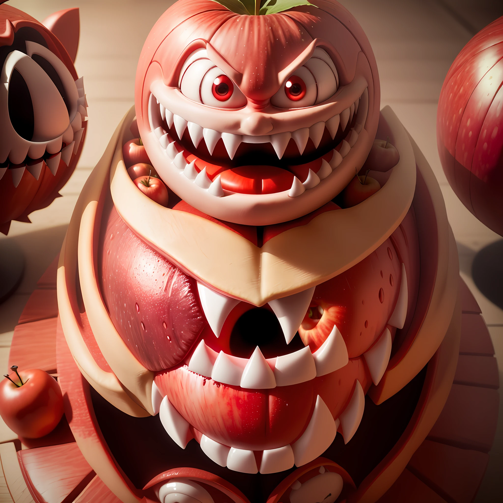 there is a red apple with a big smile on it, fruit monster, creepy evil smile, evil grin, fairy fruit. octane render, evil insane smiling laugh, wide evil grin, tomato monster, evil smile, big evil grin, 3 d cg, red realistic 3 d render, 3d cg, angry smile, scary smile, evil crazy laugh, evil villain grin