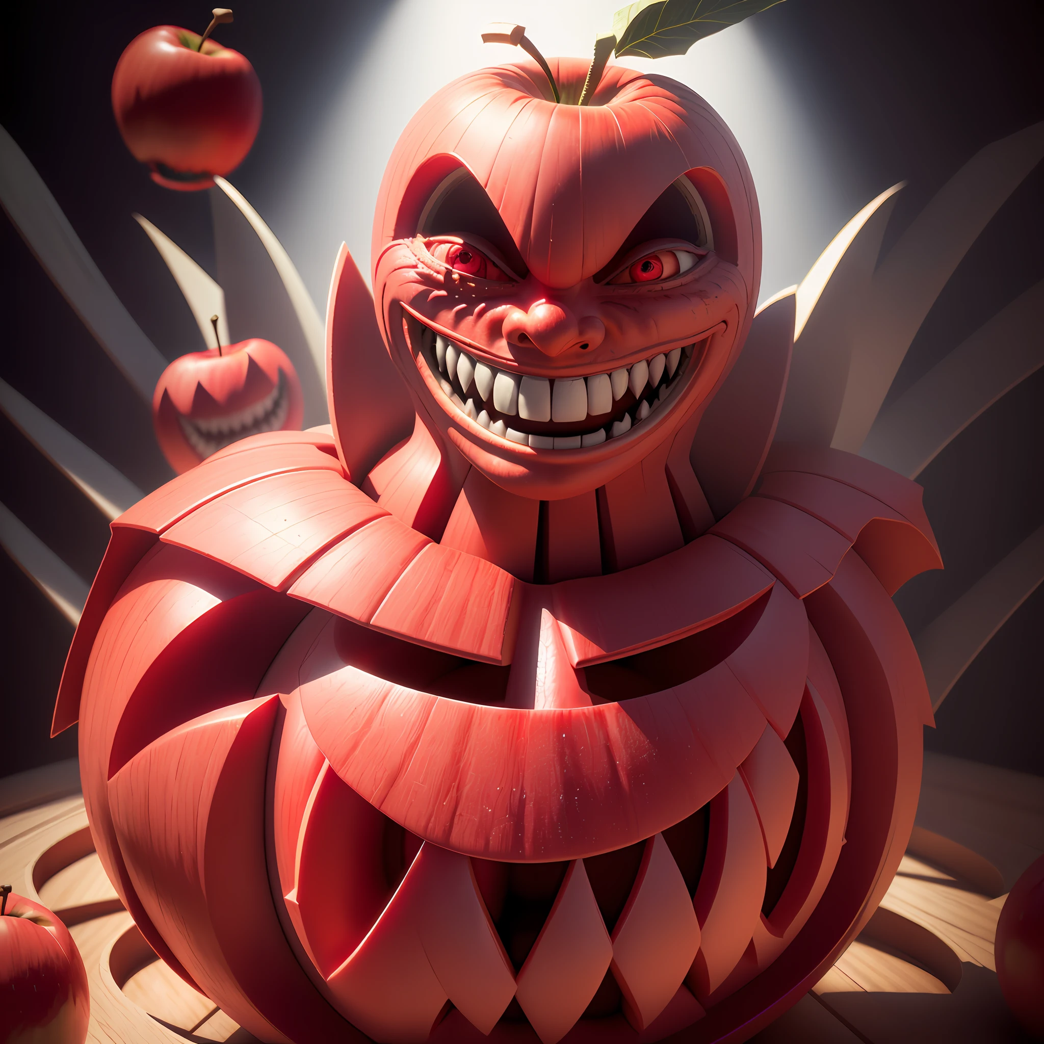 there is a red apple with a big smile on it, fruit monster, creepy evil smile, evil grin, fairy fruit. octane render, evil insane smiling laugh, wide evil grin, tomato monster, evil smile, big evil grin, 3 d cg, red realistic 3 d render, 3d cg, angry smile, scary smile, evil crazy laugh, evil villain grin