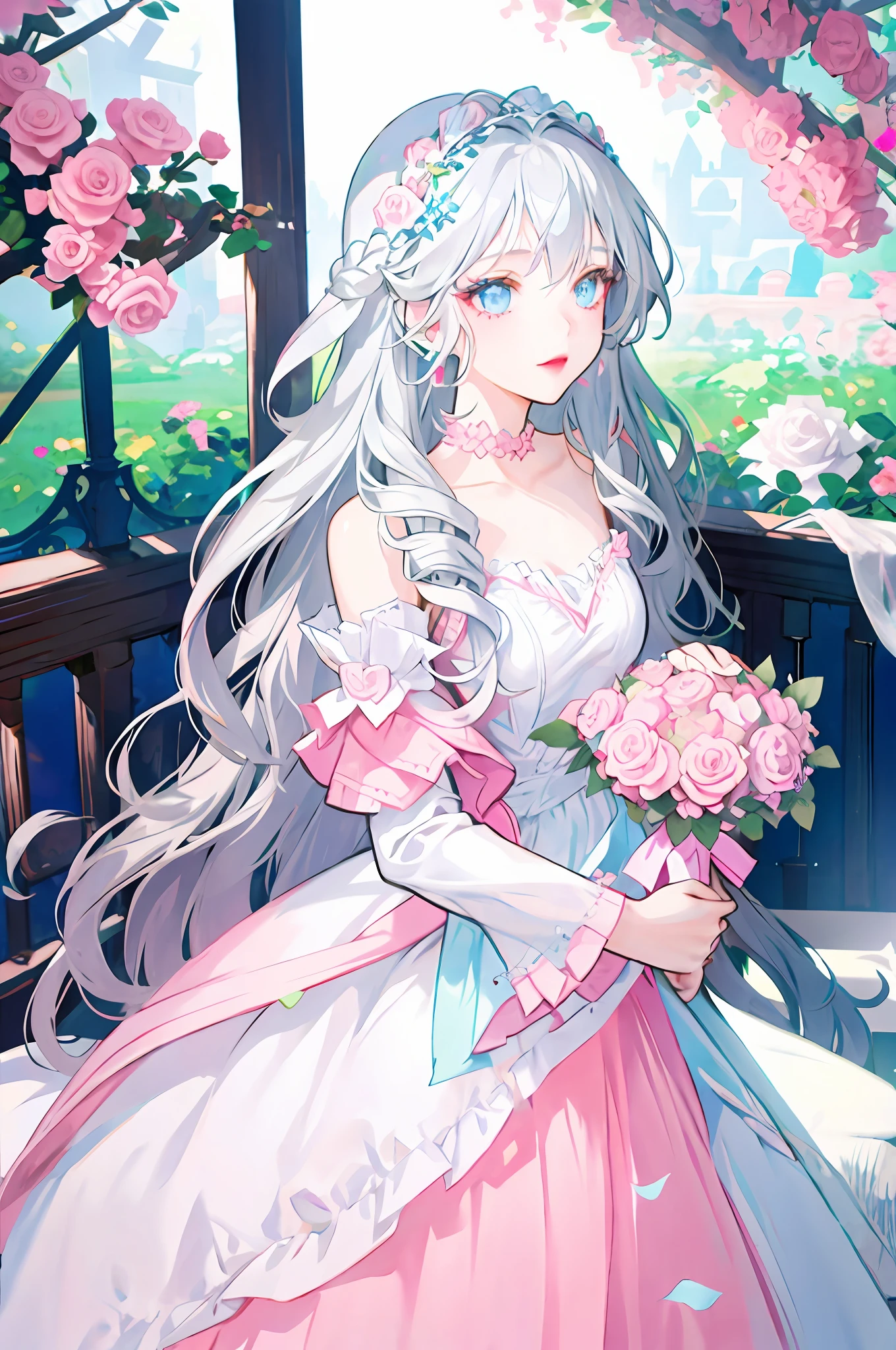 girl with long wavy silver hair holding a bouquet of pink and white roses, red lips, light blue eyes, cute dress, pastel blue dress, flowers, garden,