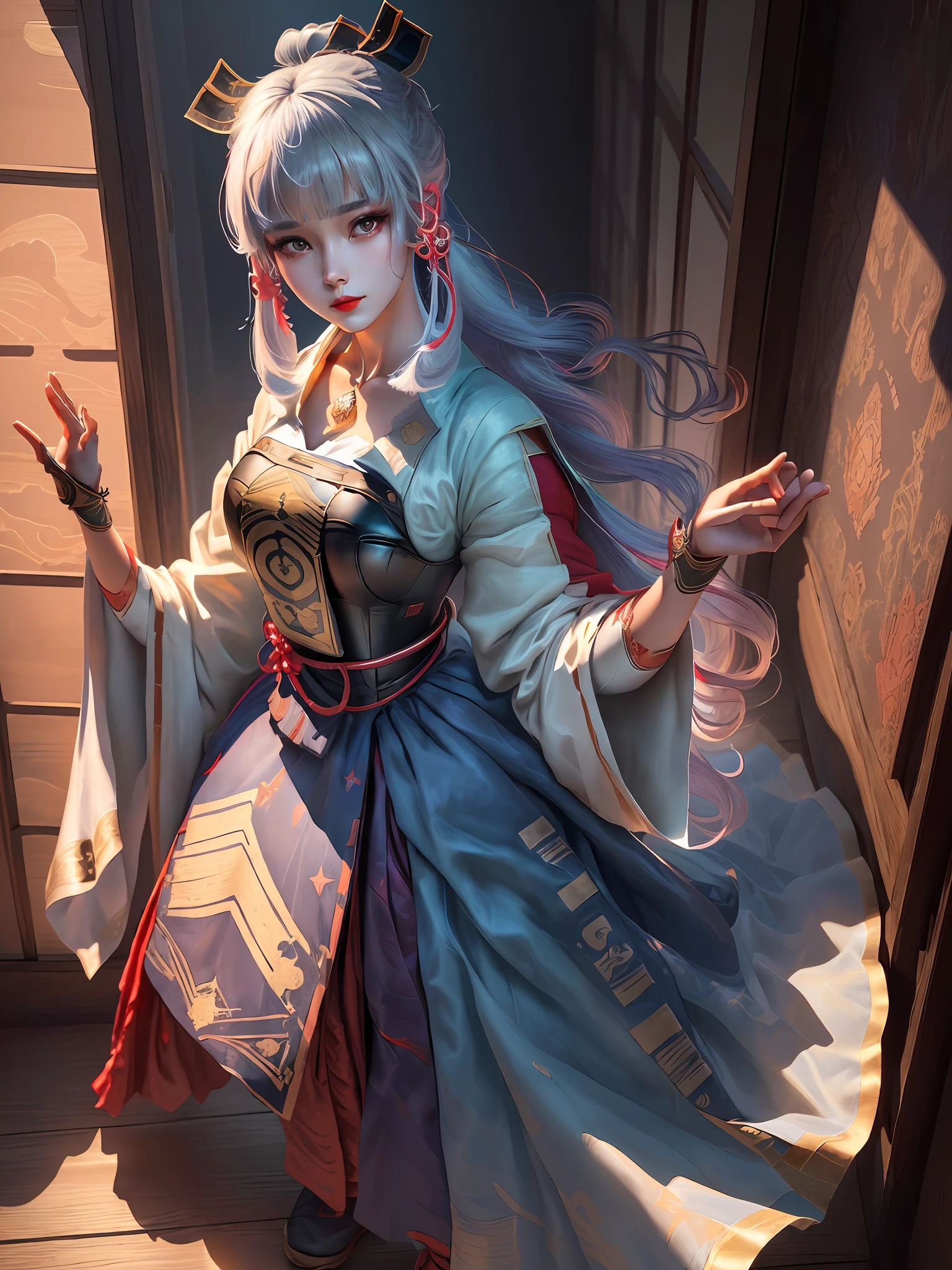 Masterpiece, Top quality, (Highly detailed CG Unity 8k wallpaper), (Top quality), (Best illustration), (Best shadow), beautiful woman, ancient costume, gauze skirt, bun, sadness, red lips, historical drama, beautiful