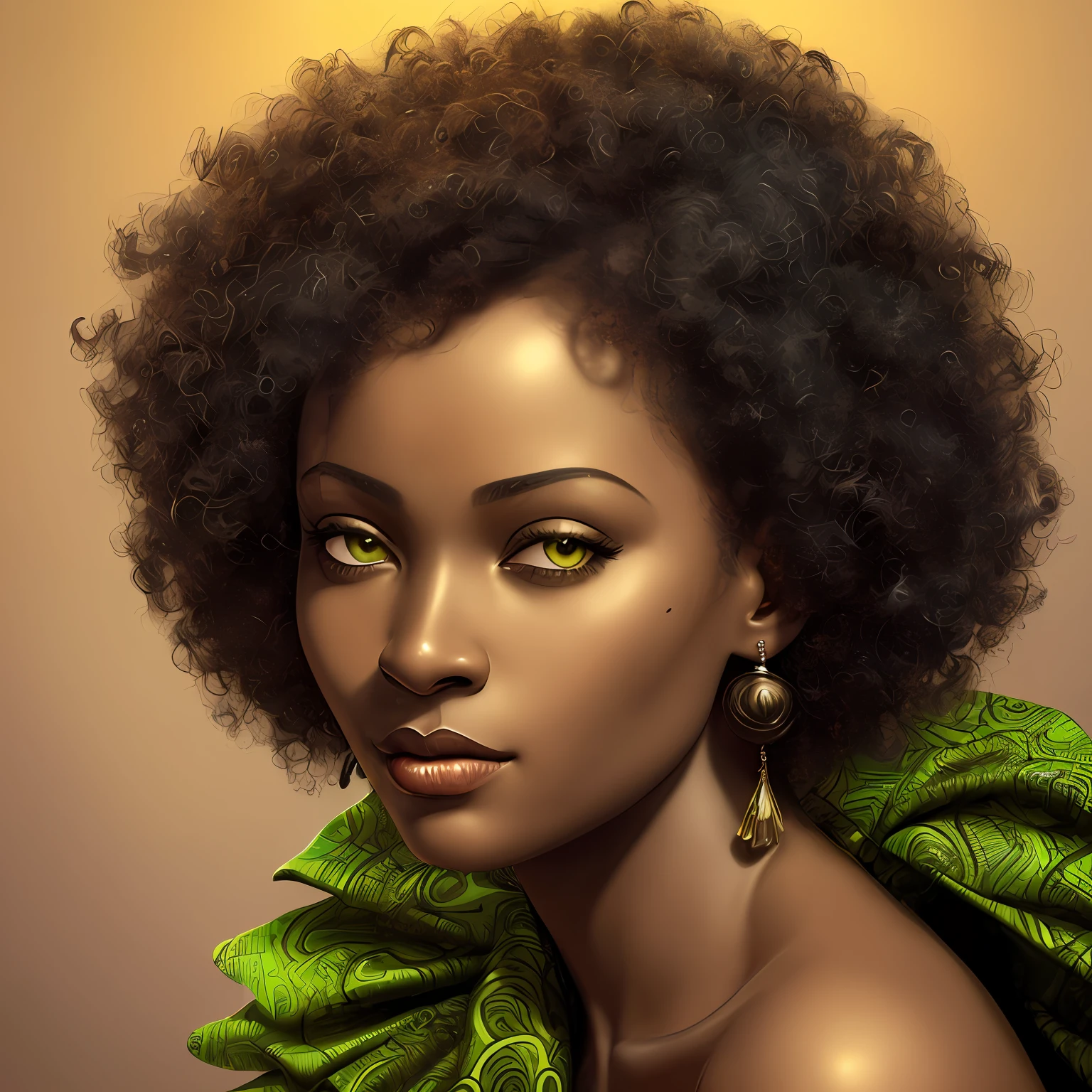 realistic photography, Bold styles, close-up face of beautiful black African woman, her hair is short and curly, her skin shines in the sun and smooth as silk, her face is beautiful with cinematic details, her eyes are vibrant and green, two sensuous garments characters from the African continent, Adobe Illustration, Tranding on Artstation, photoshop, ((masterpiece)), ((magnificent cinematic art)), by Angus McBean, lighting by REMBRANDT, 50mm bifocal lens, --no duplicated woman, -