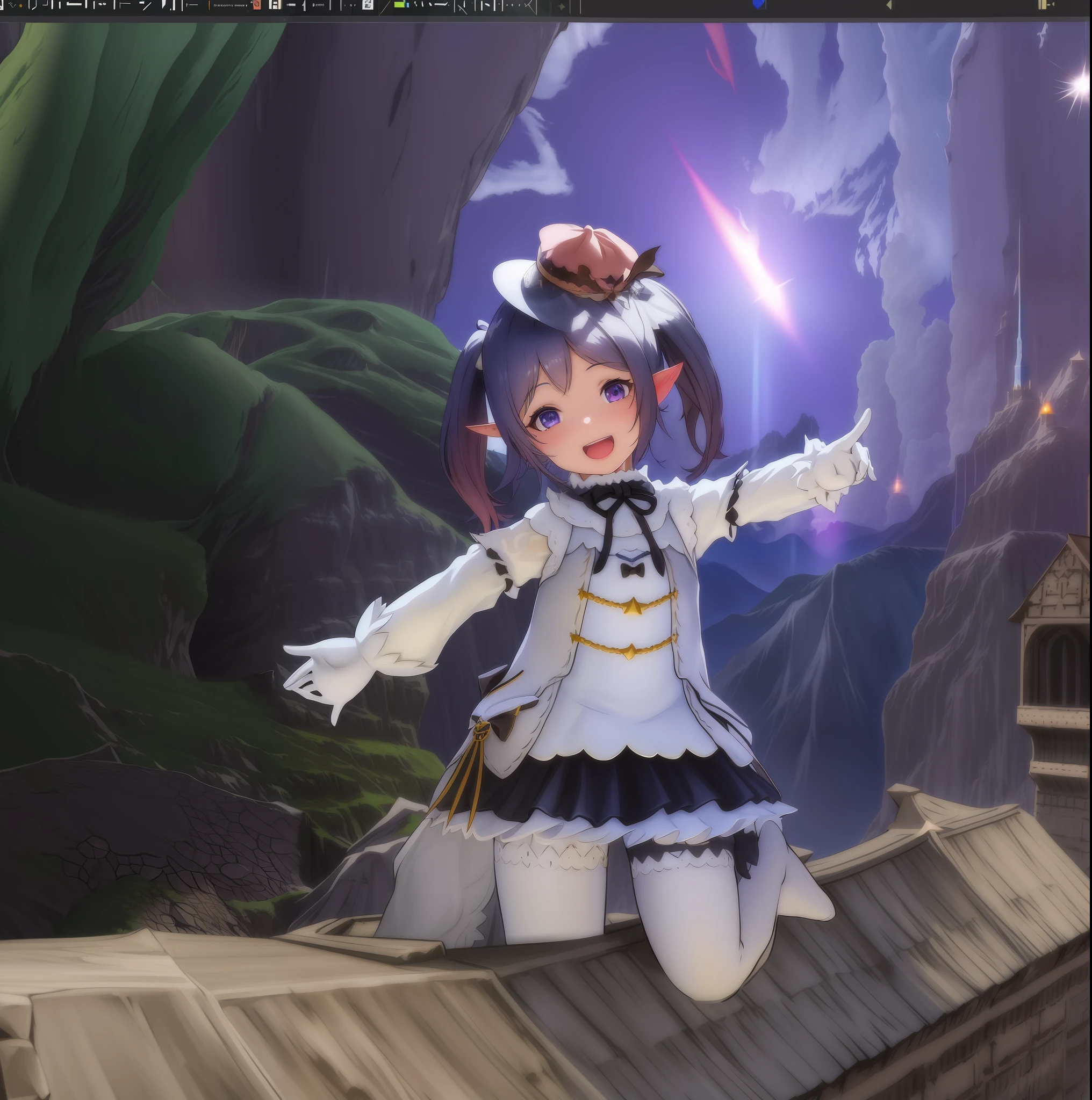 there is a girl in a dress and hat standing in front of a mountain, twintails white_gloves, final fantasy 14 style, spellcasting pose, 3d magical details, live2d virtual youtuber model, mana in the air, lalafell, holding a pudica pose, render of a cute 3d anime girl, t-pose of wizard, mountains in the background, standing on a cliff edge, vibrant colours, happy lalafell