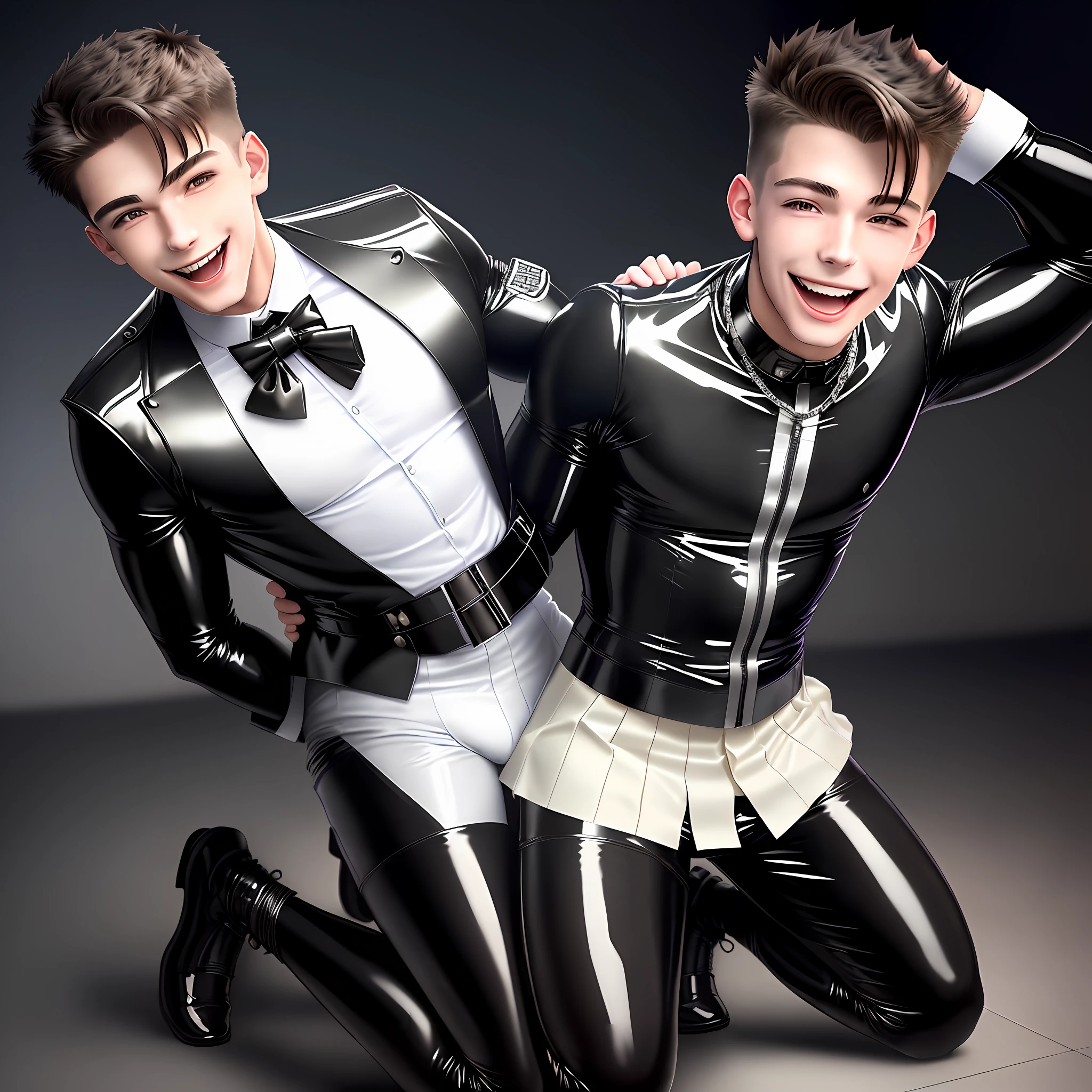 (high quality,artistic) Full body portrait of a (mature, ) male in a (latex school uniform) with a (large bulge), restrained by (latex bondage everywhere) while (kneeling submissively and limp). The subject appears (happy, ecstatic) and (hypnotized) by their circumstances.