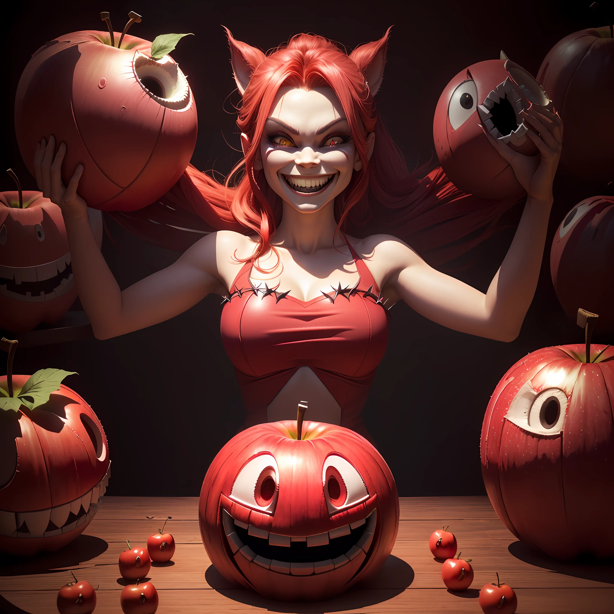 there is a red apple with a big smile on it, fruit monster, creepy evil smile, evil grin, fairy fruit. octane render, evil insane smiling laugh, wide evil grin, tomato monster, evil smile, big evil grin, 3 d cg, red realistic 3 d render, 3d cg, angry smile, scary smile, evil crazy laugh, evil villain grin