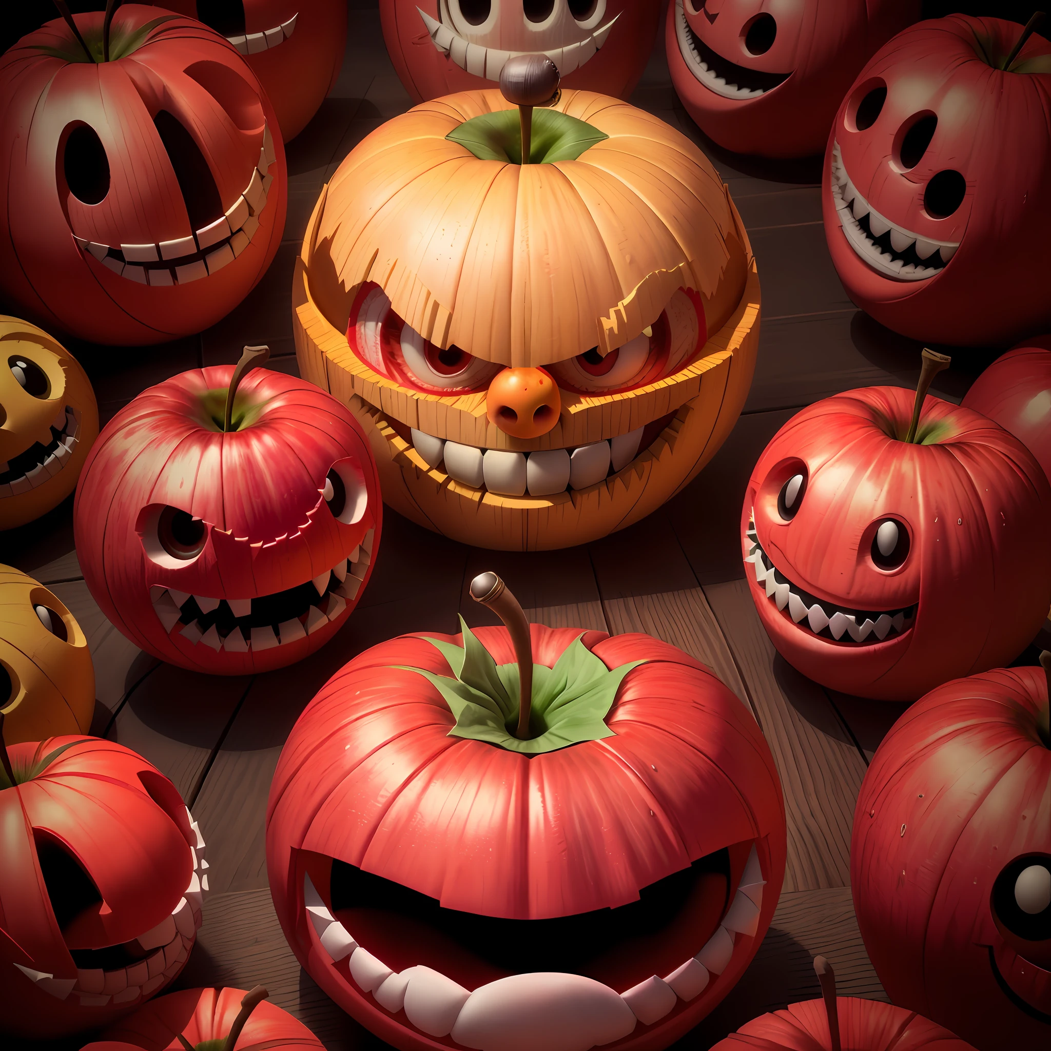 there is a red apple with a big smile on it, fruit monster, creepy evil smile, evil grin, fairy fruit. octane render, evil insane smiling laugh, wide evil grin, tomato monster, evil smile, big evil grin, 3 d cg, red realistic 3 d render, 3d cg, angry smile, scary smile, evil crazy laugh, evil villain grin