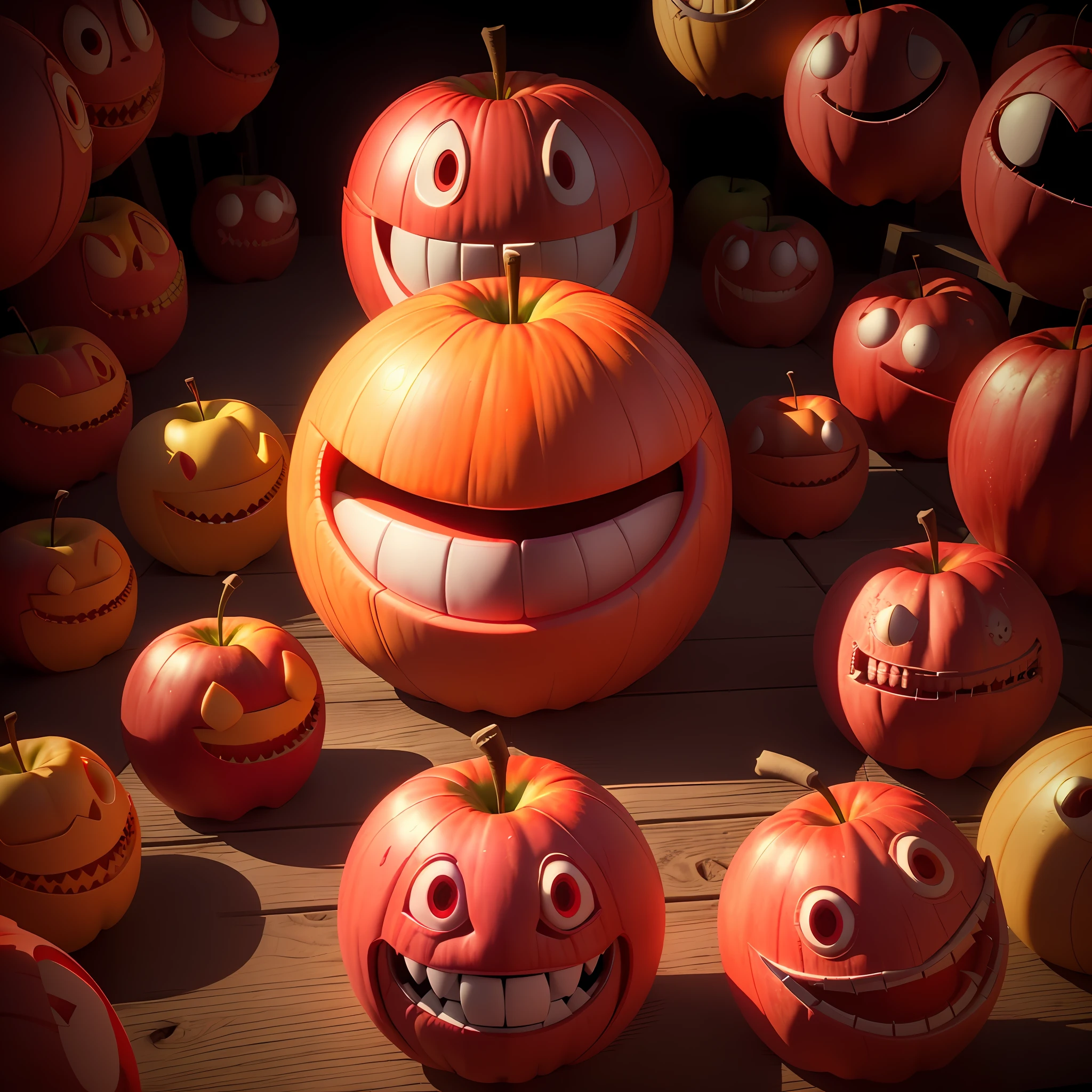 there is a red apple with a big smile on it, fruit monster, creepy evil smile, evil grin, fairy fruit. octane render, evil insane smiling laugh, wide evil grin, tomato monster, evil smile, big evil grin, 3 d cg, red realistic 3 d render, 3d cg, angry smile, scary smile, evil crazy laugh, evil villain grin