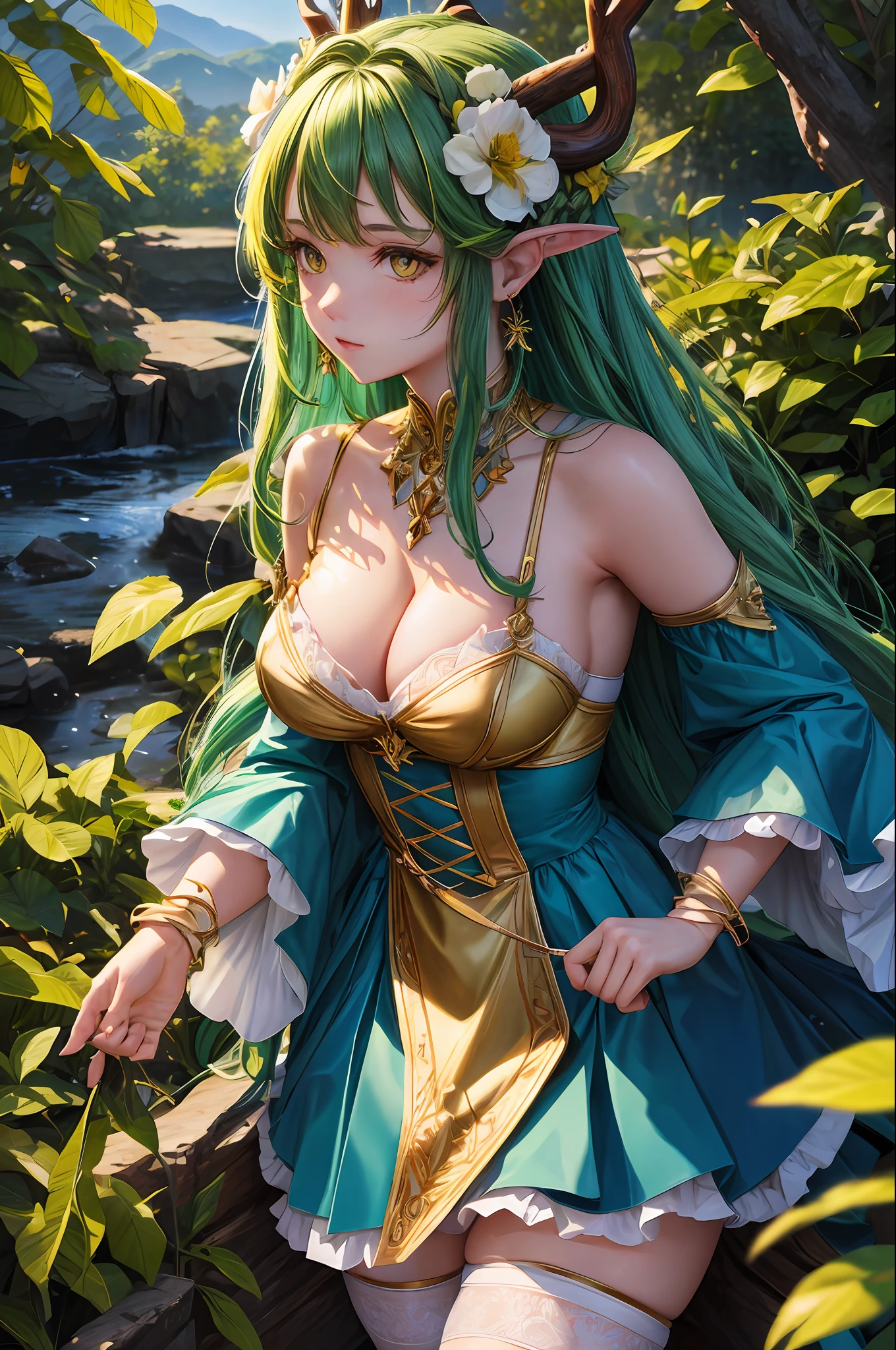 masterpiece, best quality, ultra-detailed, illustration, epic lighting, cinematic composition, 1girl, ceres_fauna, medium breasts, green hair, braid, braided bangs, yellow eyes, cleavage, single braid, antlers, jewelry, anklet, hair flower, multicolored hair, long hair, hair ornament, green flower, streaked hair, earrings, white thighhighs, bow, wide sleeves, leaf, blue dress, horns, cowboy shot, looking at viewer, outdoors, nature, simple background, (8k:1.1)