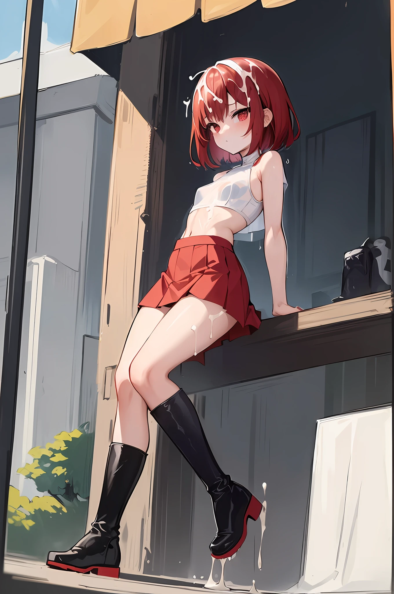 (masterpiece:1.2), (best quality:1.2), li, full body, small chest, big ass, (short, tight-fitting skirt), almost see-through wet top, boots, serious face, short hair, red hair , (pixv artstyle), (detailed masterpiece), ((excessive cum))