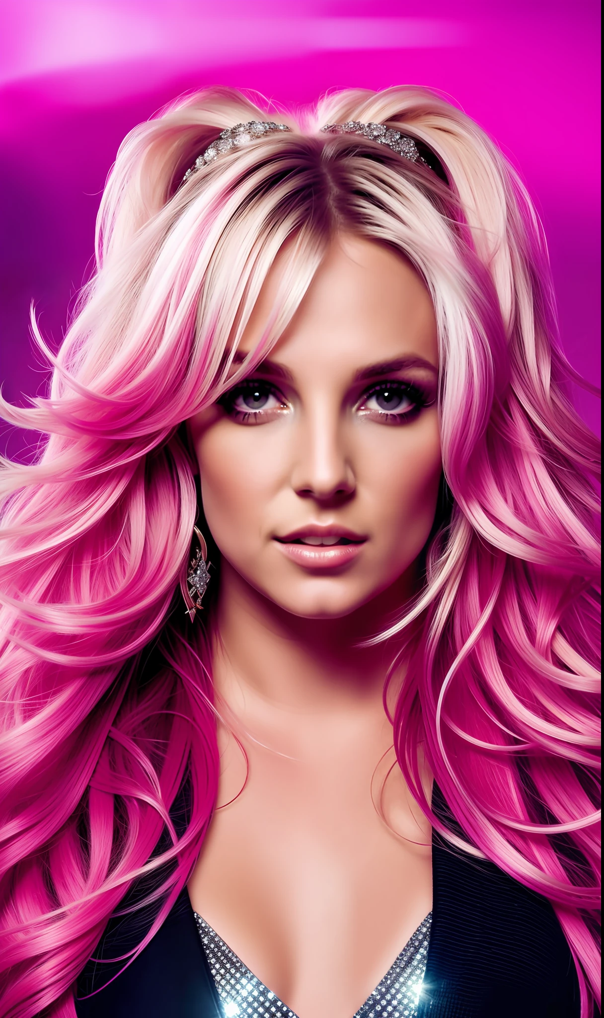 Photo BRITNEY SPEARS, texture 4K, long hair, high quality, beautiful hairstyle, original album cover, CONCERT outfit with diamonds, 8k image, futuristic, high image quality, night, hair accessories